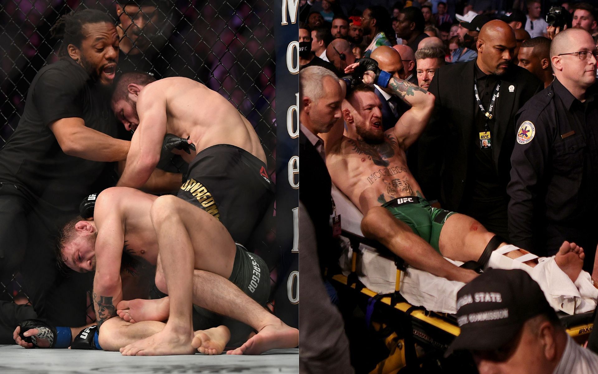 Khabib Nurmagomedov choking out Conor McGregor (left) and Conor McGregor following his loss to Dustin Poirier (right) (Image credits Getty Images)