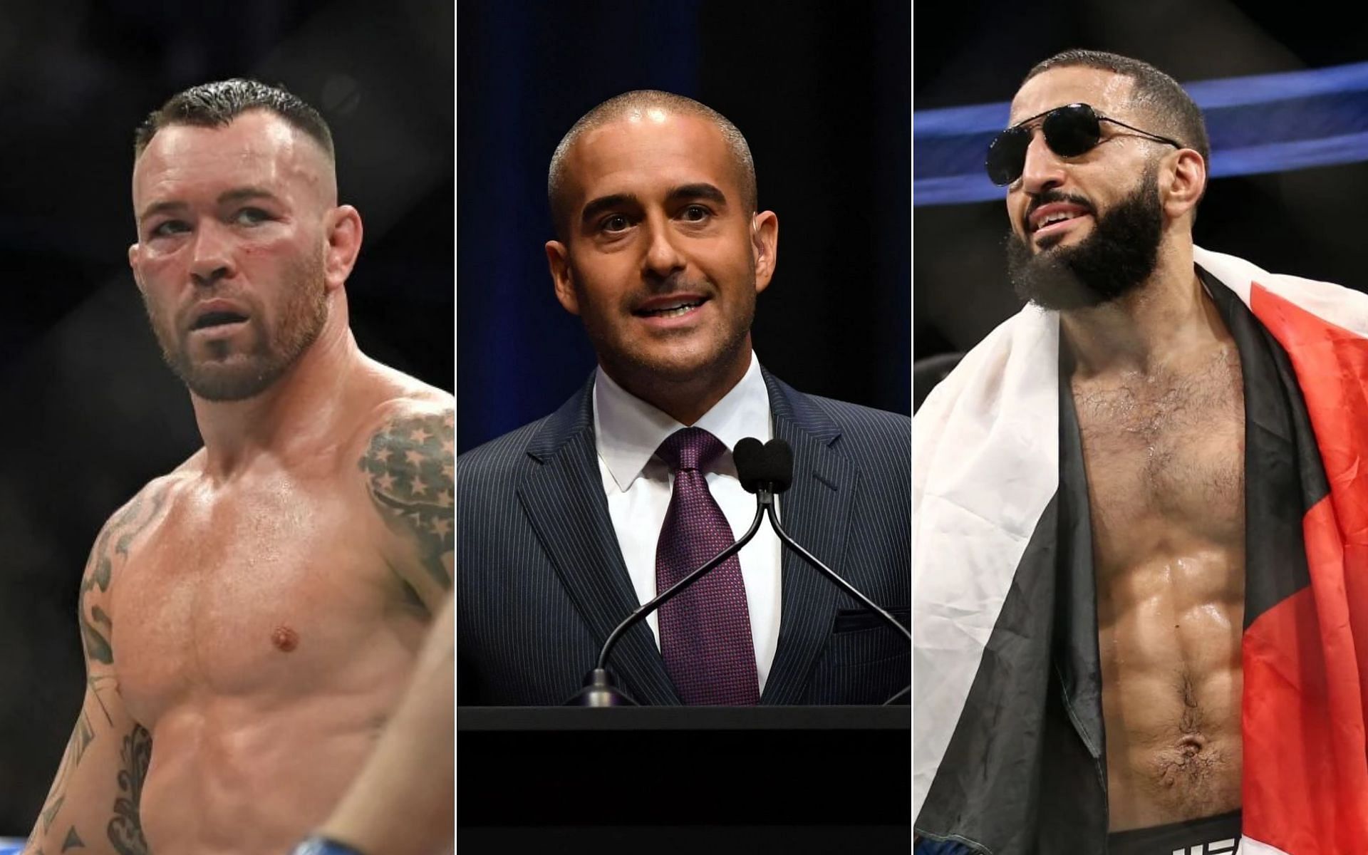 Colby Covington [Left], Jon Anik [Middle], and Belal Muhammad [Right]