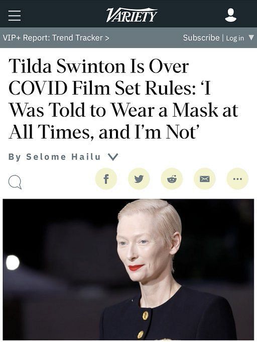 Tilda Swinton Won't Wear COVID Mask on New Movie's Set