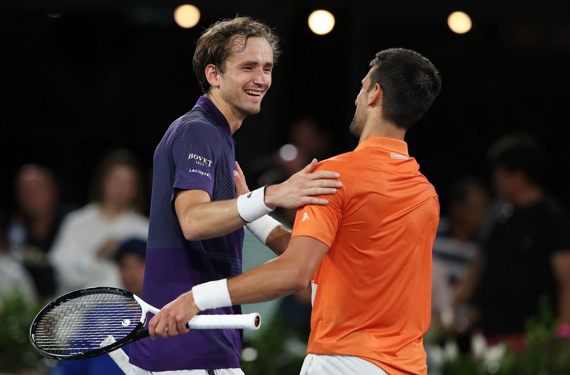 Daniil Medvedev (L) and Novak Djokovic at the 2023 Adelaide International 1.