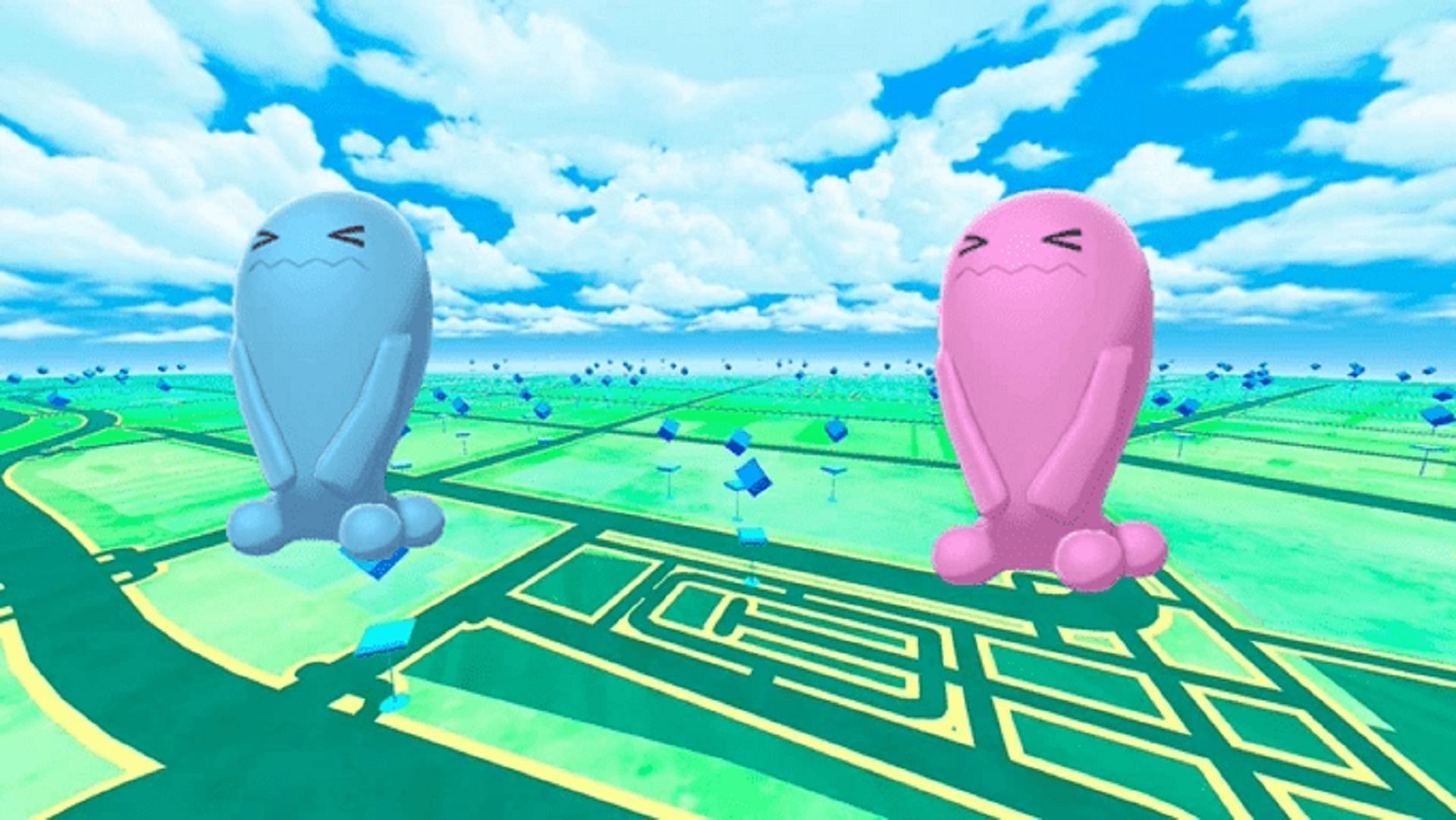 Wobbuffet side by side with its shiny form in Pokemon GO (Image via Niantic)