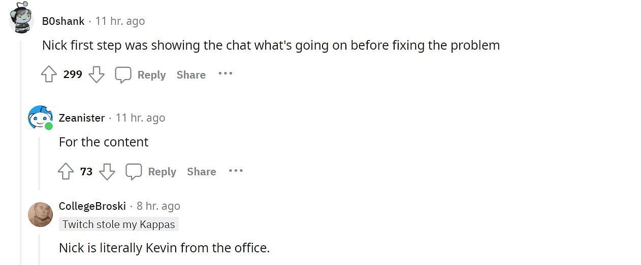 Redditors compare Nick to Kevin from The Office (Image via r/LivestreamFail Reddit)