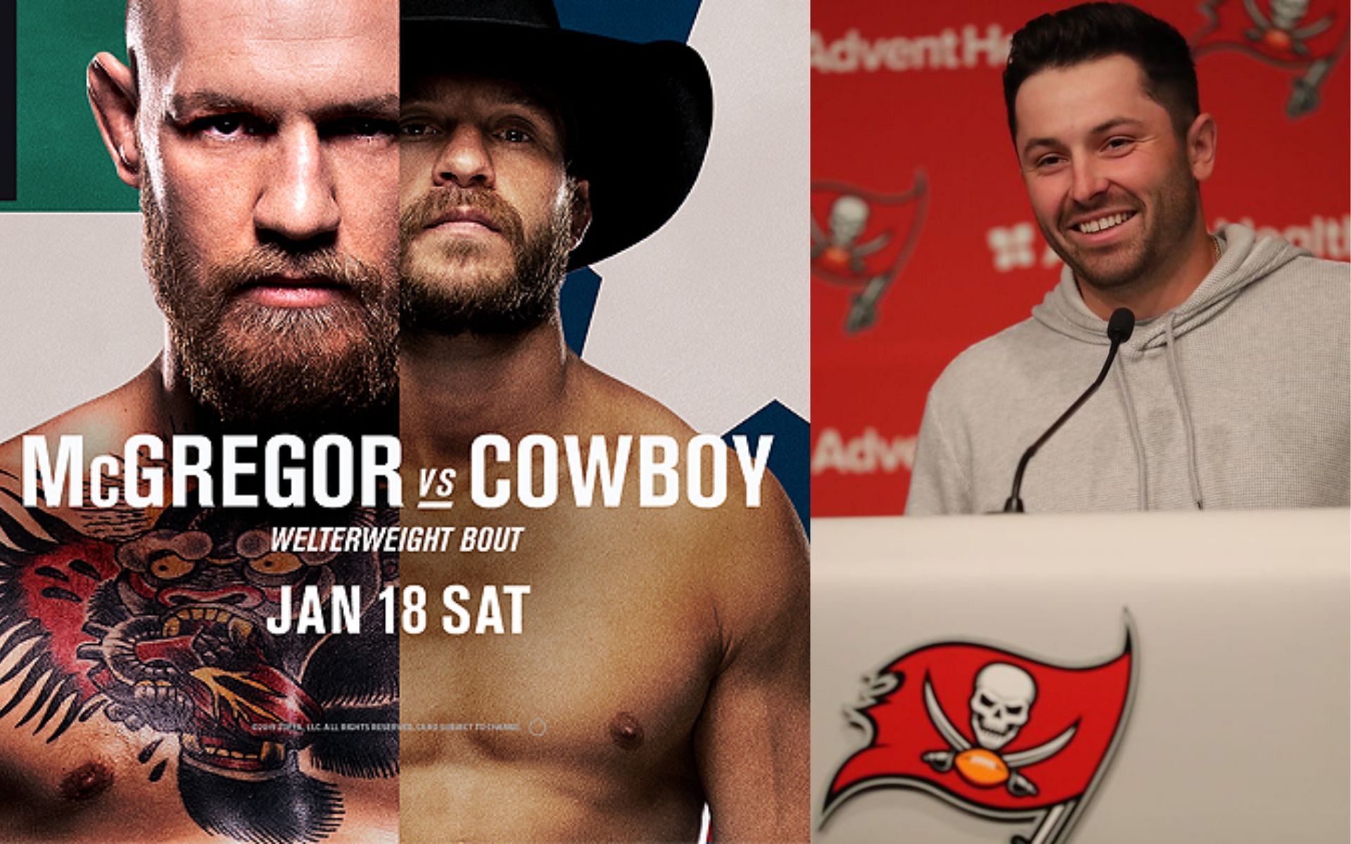 UFC 246 poster (left) and Baker Mayfield (right). [Images courtesy: left image from UFC and right image from Getty Images]