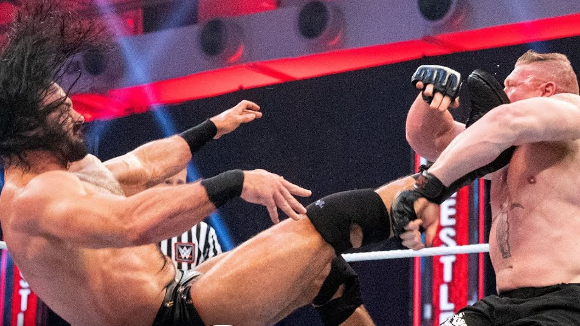 Scene from Drew McIntyre vs. Brock Lesnar for the WWE Championship at WrestleMania 36
