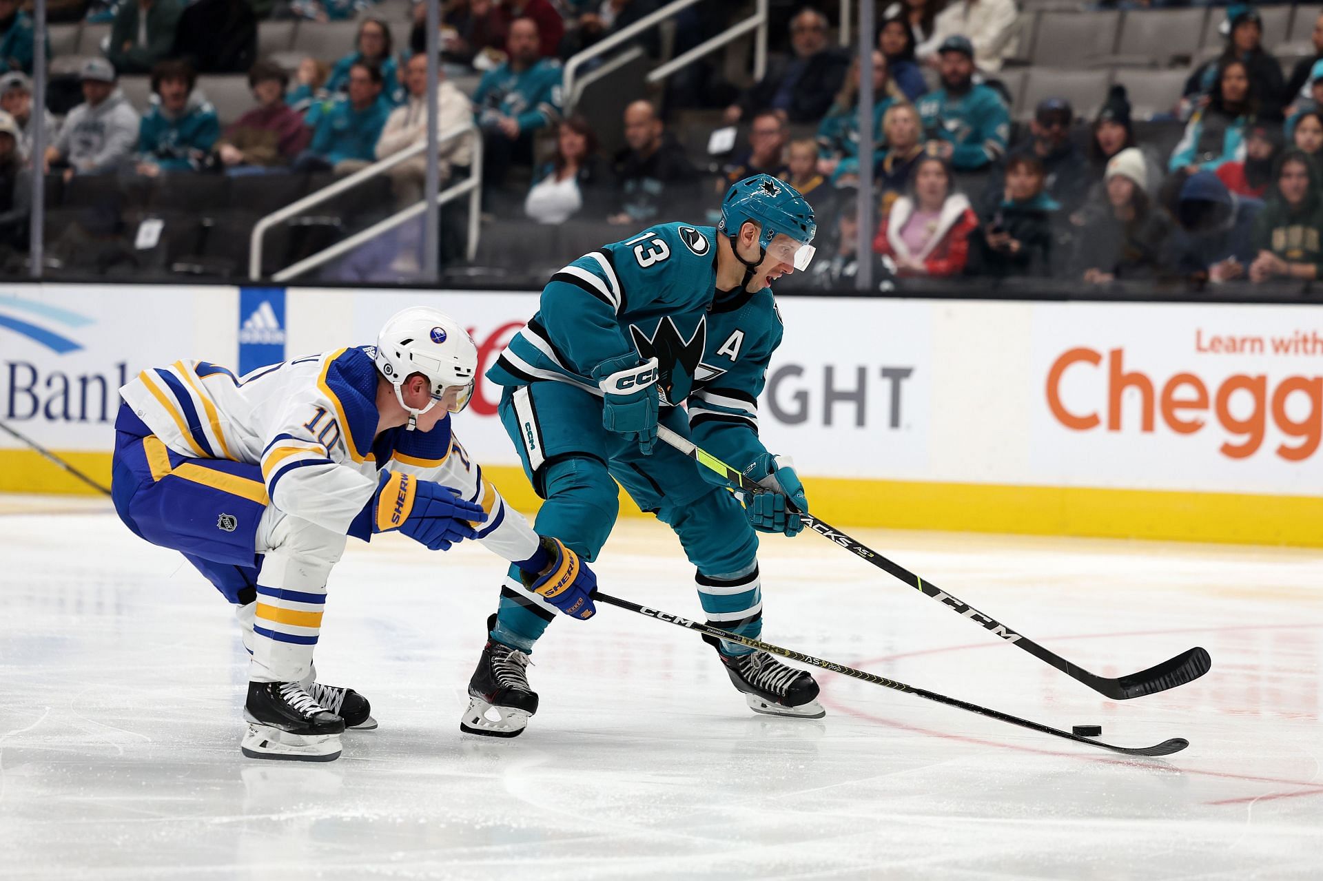 Nick Bonino was pictured during Buffalo Sabres v San Jose Sharks NHL game.