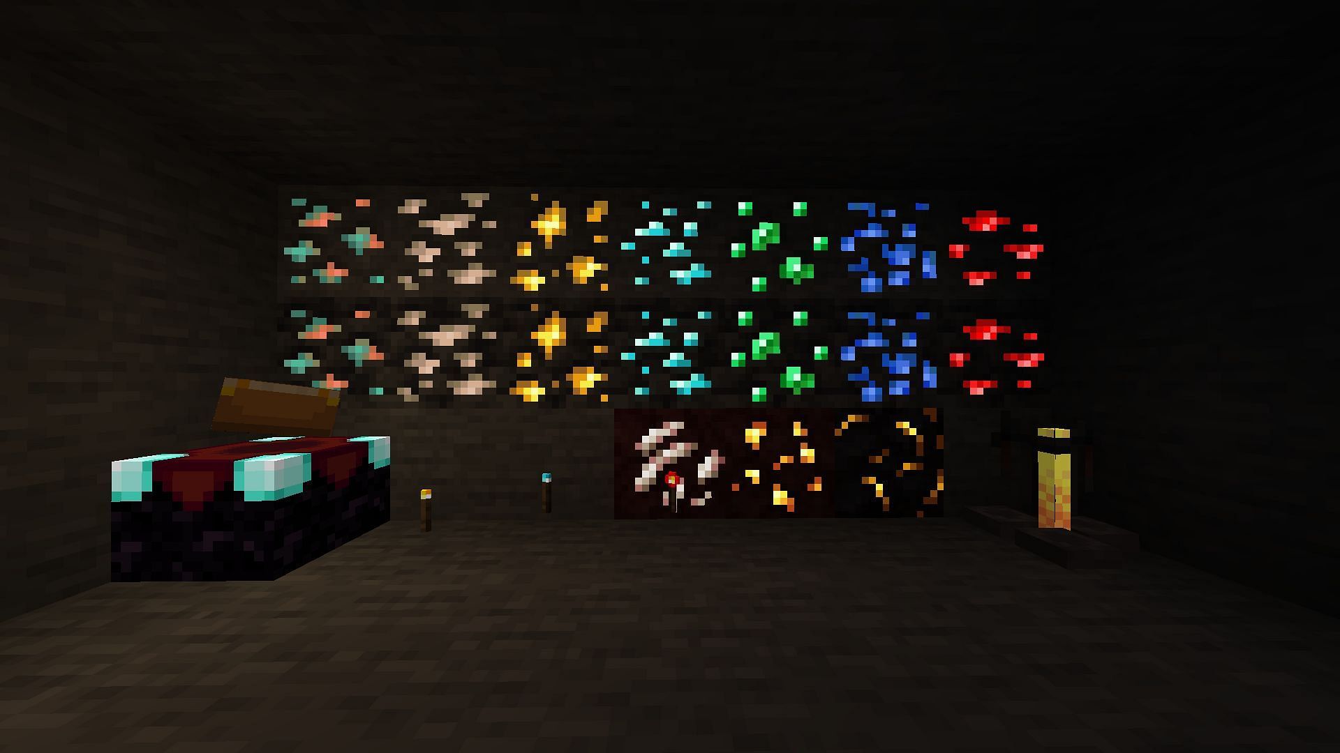 The Emissive TXF resource pack illuminates certain blocks so that they are easily spotted in Minecraft 1.19.4 (Image via CurseForge)