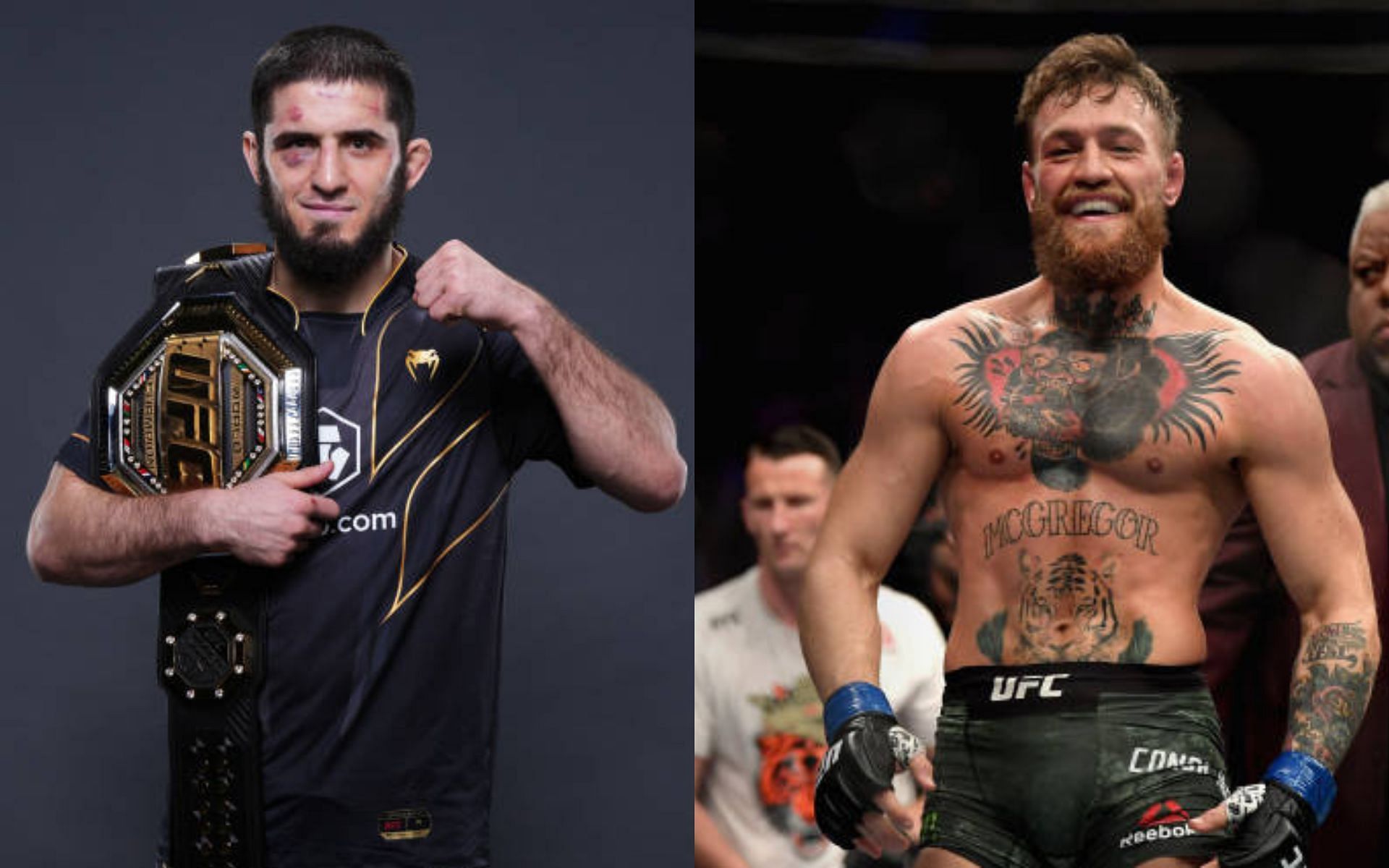 Islam Makhachev (left) [image courtesy of Mike Roach/Zuffa LLC via Getty Images]; Conor McGregor (right)
