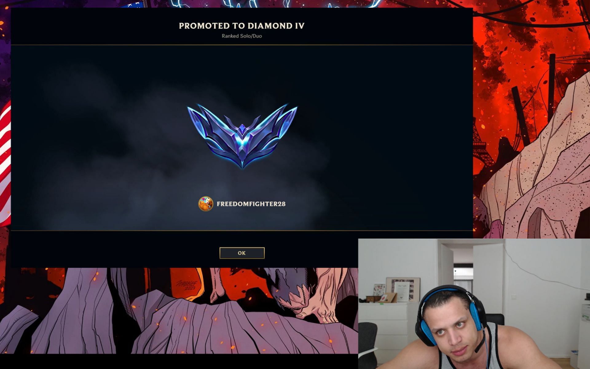 Tyler1 reached Diamond 4 on the EUW server on March 19, 2023 (Image via Tyler1/Twitch)