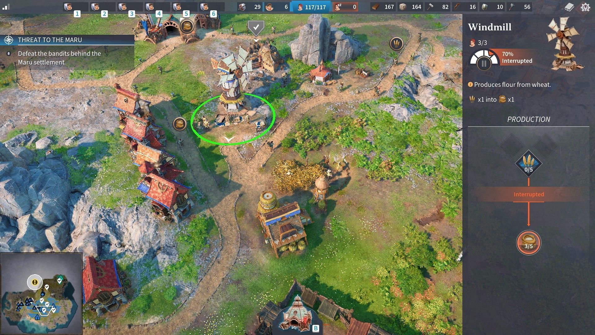 Establish mills and fishing huts to gather food to boost resource production (Screenshot from The Settlers: New Allies)