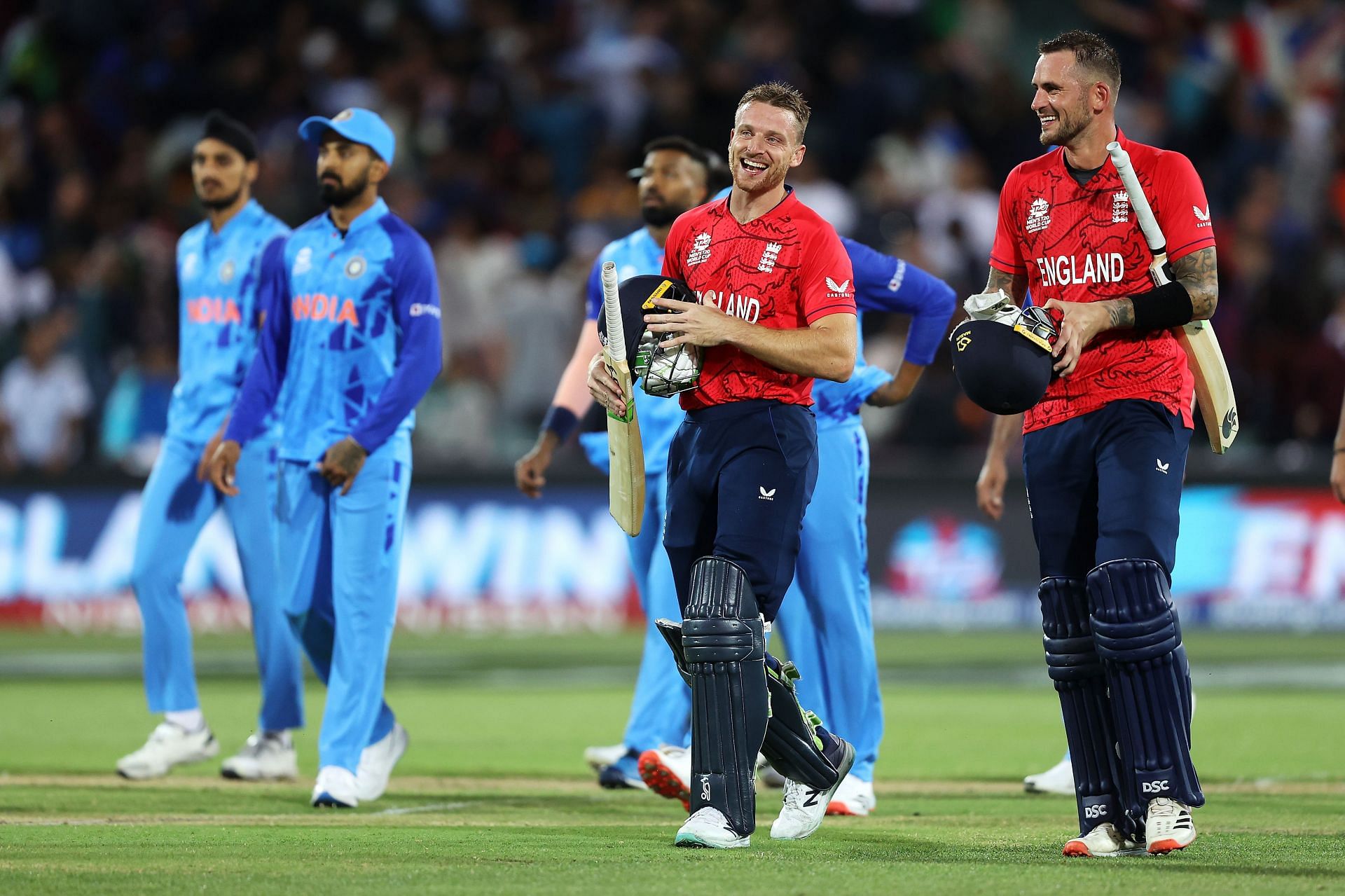 Alex Hales and Jos Buttler after their thumping victory against India in the semi-final.