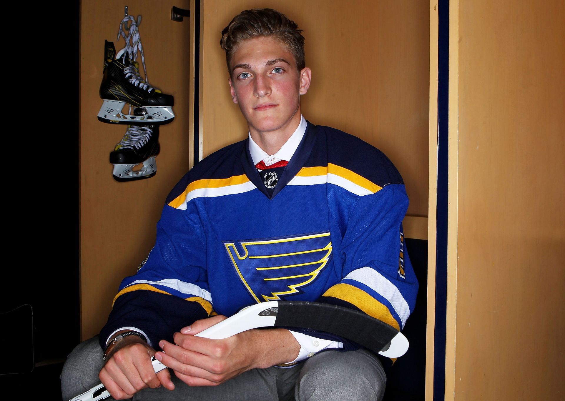 Tage Thompson poses for a portrait after being selected 26th overall by the St. Louis Blues in round one during the 2016 NHL Draft on June 24, 2016 in Buffalo, New York. (Photo by Jeffrey T. Barnes/Getty Images)