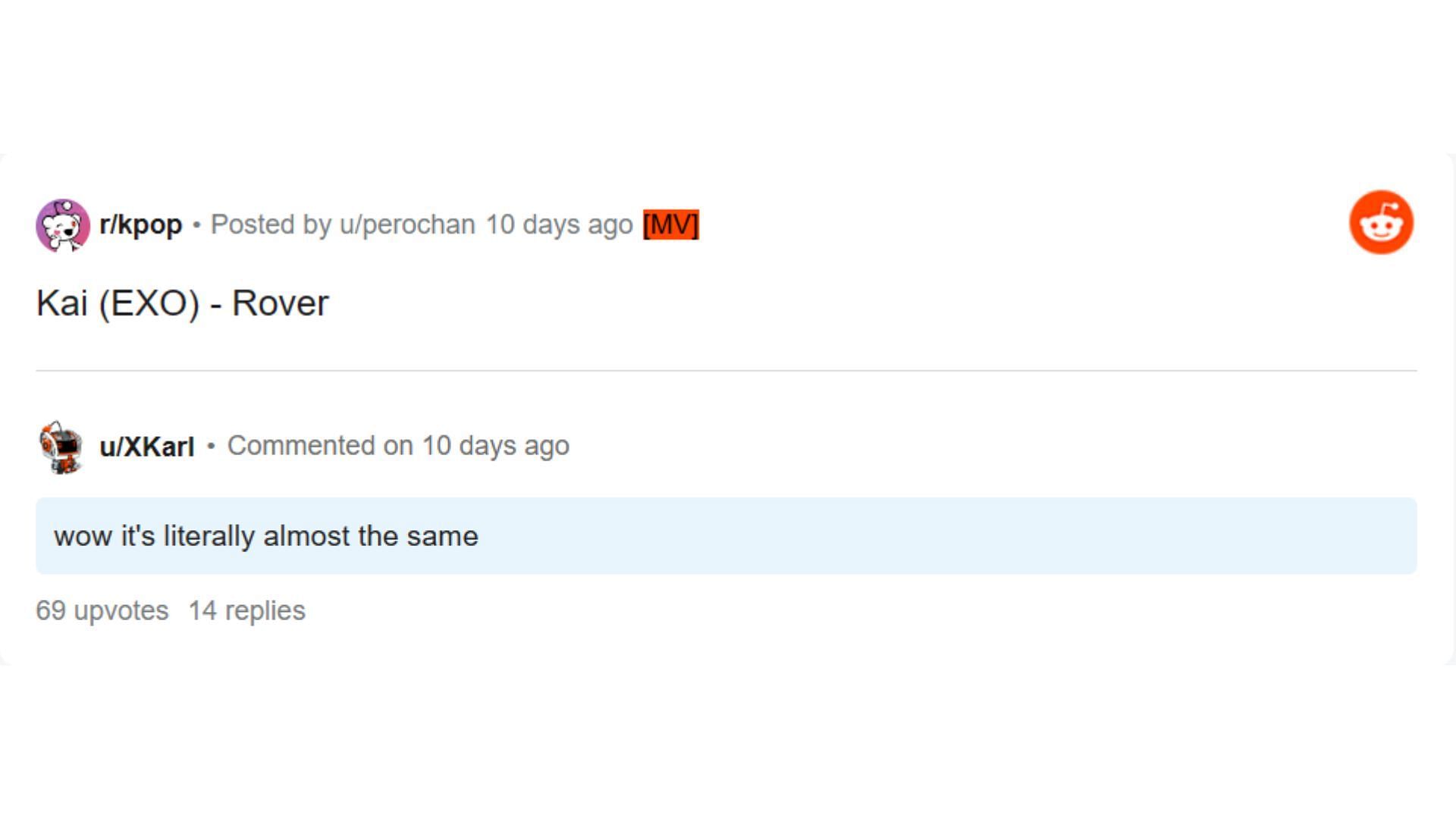A discussion about KAI&#039;s Rover on Reddit brought up DARA&#039;s Mr. Rover which the K-pop song samples. (Image via r/kpop/ @XKarl)