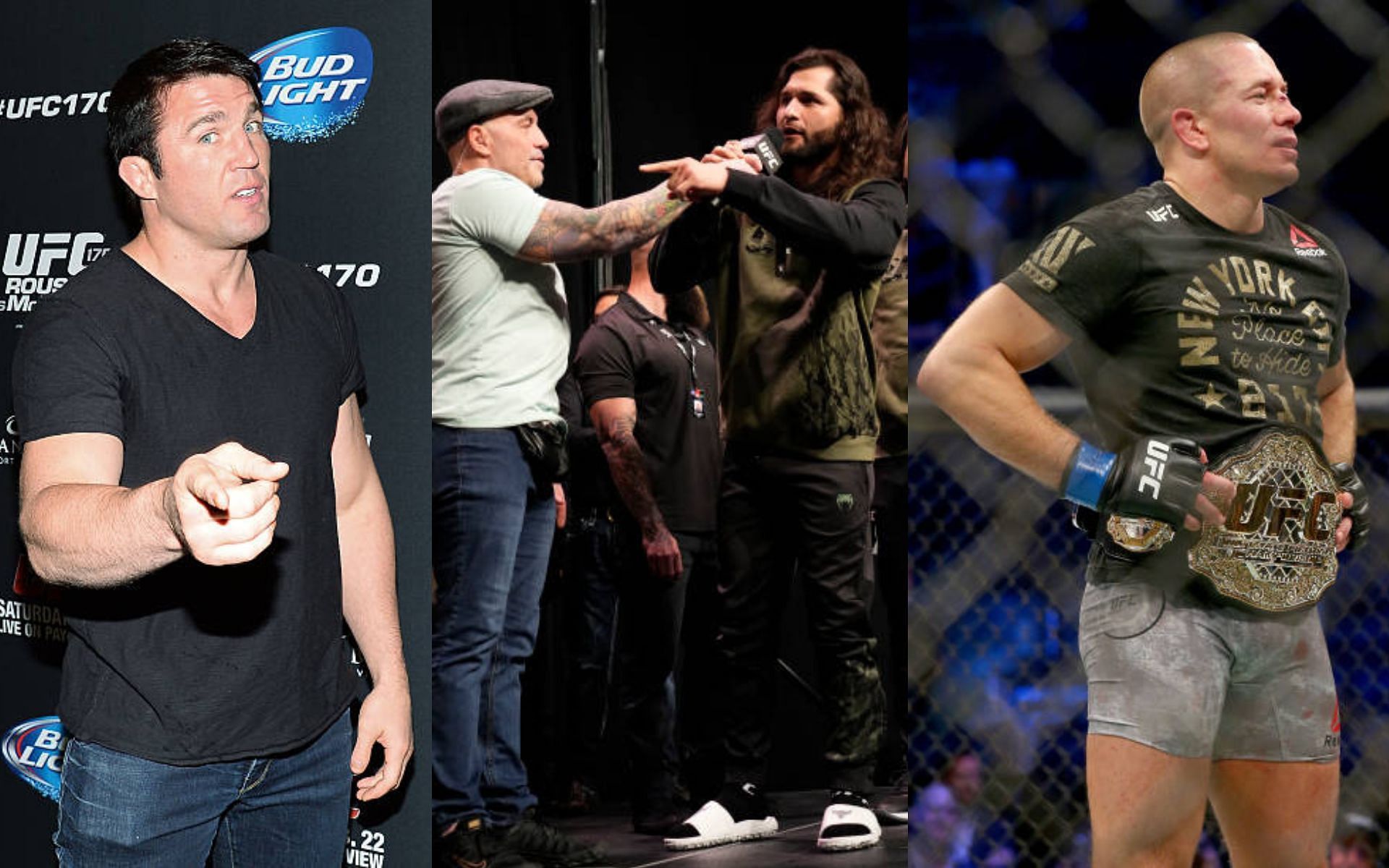 Chael Sonnen (left); Joe Rogan and Jorge Masvidal (center) [image courtesy of Mike Roach/Zuffa LLC via Getty Images]; Georges St-Pierre (right)
