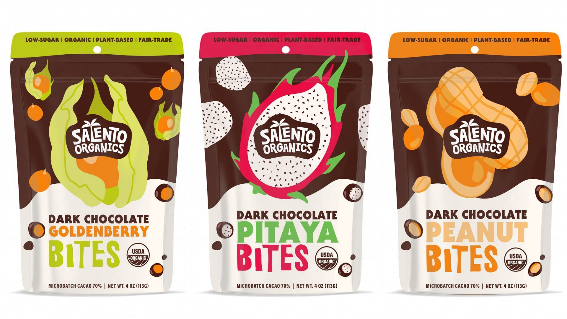 Recalled packets of Dark Chocolate Goldenberry Bites, Pitaya Bites, and Peanut Bites (Image via Salento Organics/FDA)