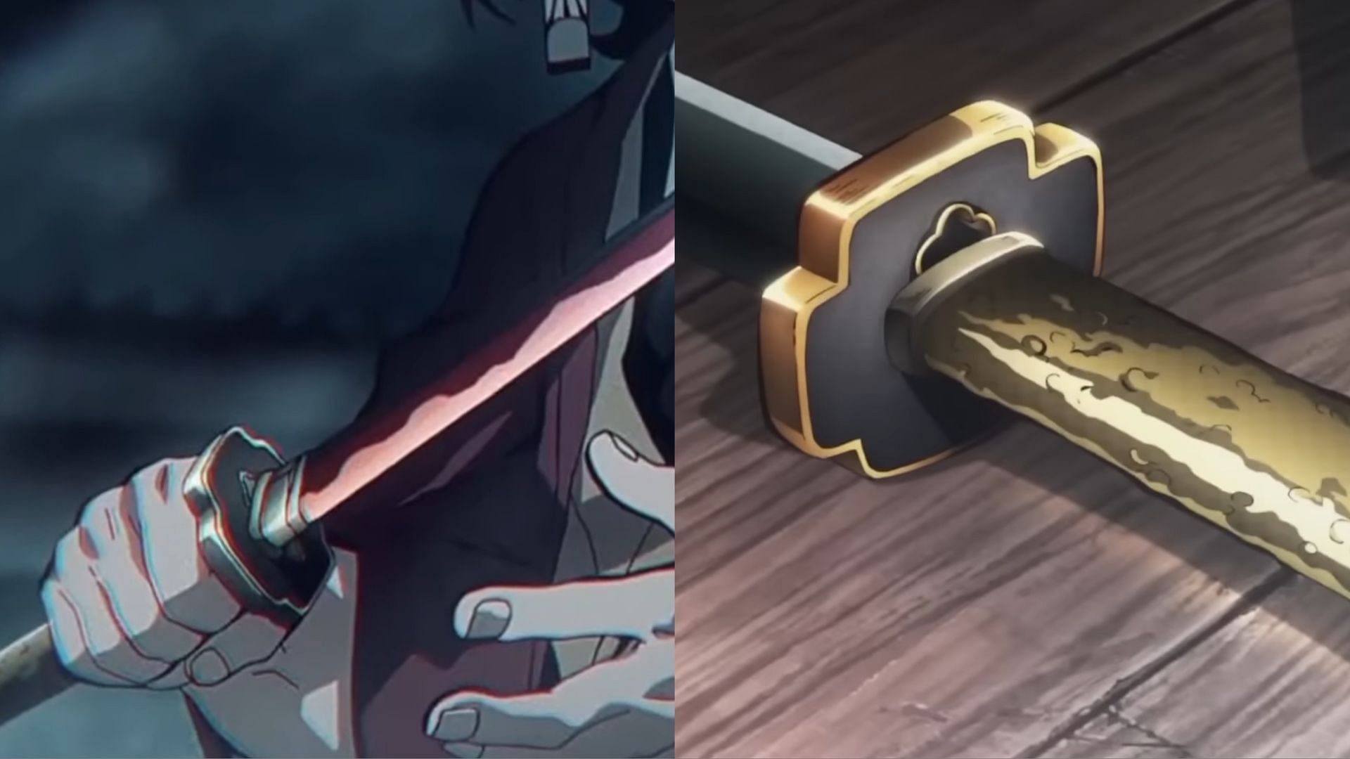 Yoriichi's Nichirin blade as seen in Muzan's memories (on left), the new sword showcased in Demon Slayer: Swordsmith Village Arc (on right) (Image via Ufotable)