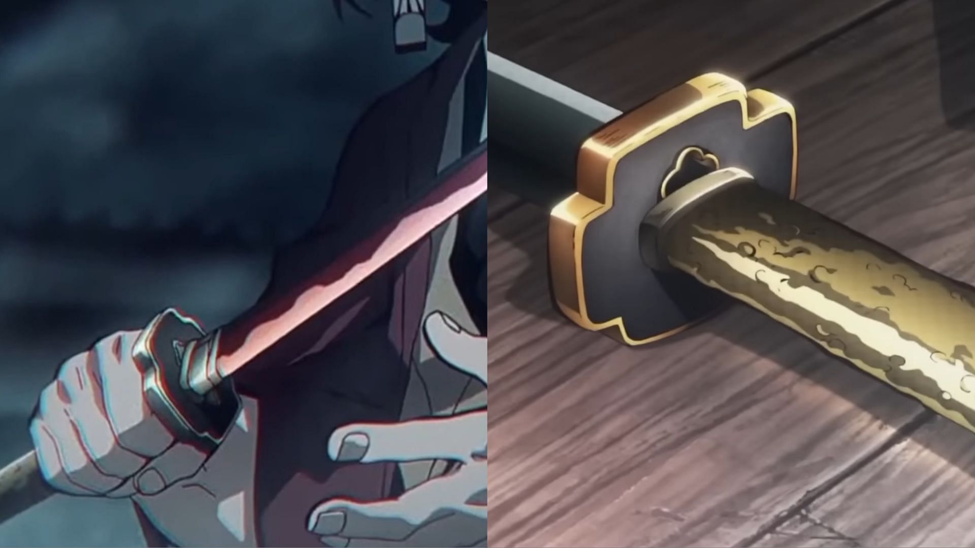 Yoriichi&#039;s Nichirin blade as seen in Muzan&#039;s memories (on left), the new sword showcased in Demon Slayer: Swordsmith Village Arc (on right) (Image via Ufotable)