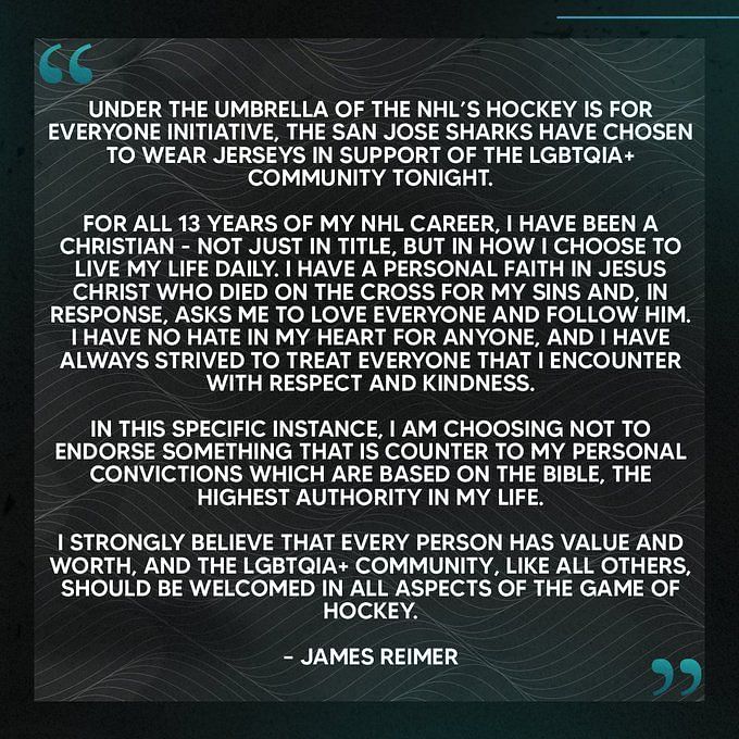 James Reimer, San Jose Sharks statements on Pride Night at SAP Center