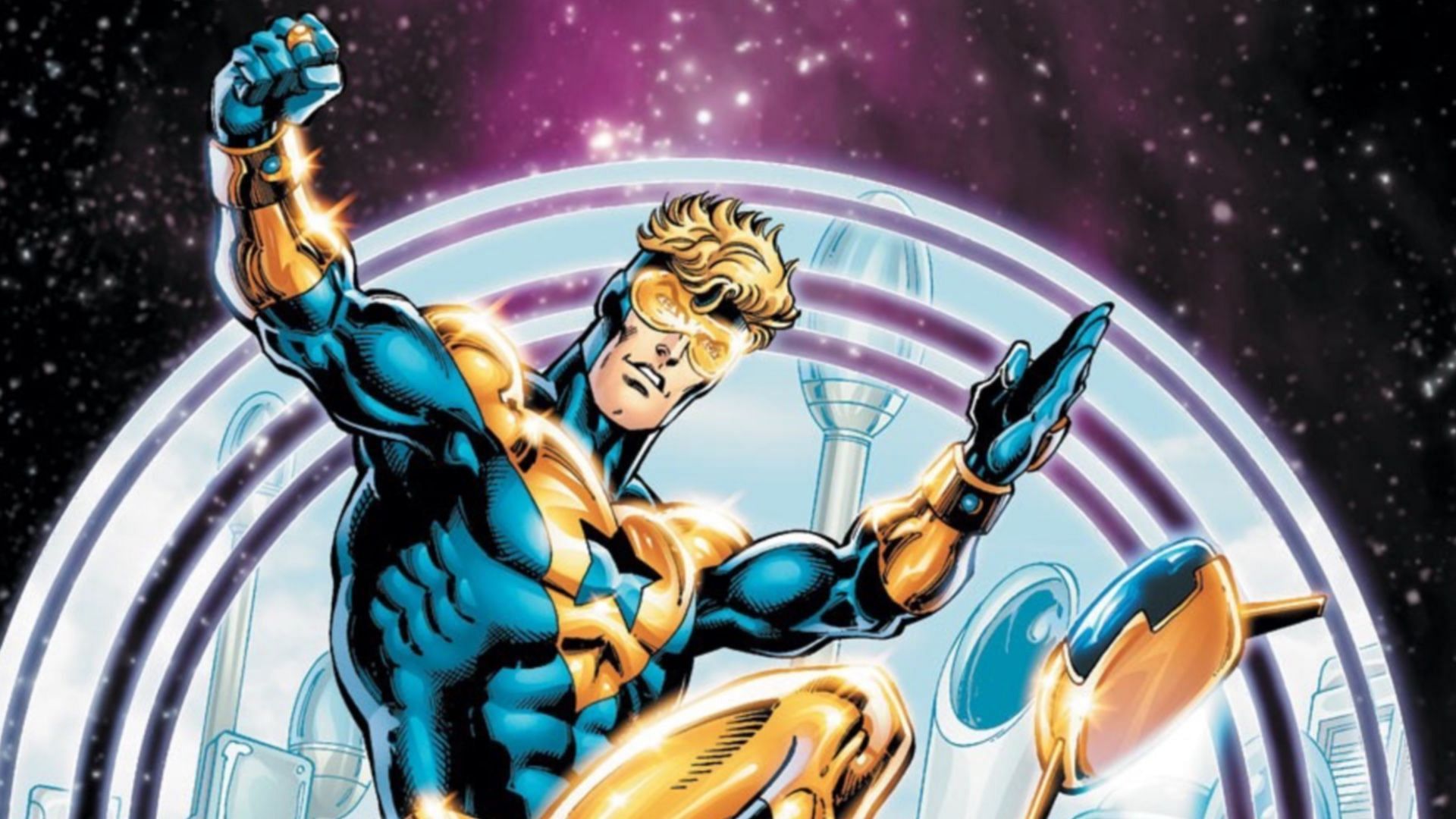 Booster Gold, the time-traveling hero from DC Comics, strikes a pose in his iconic gold and blue suit (Image via DC Comics)