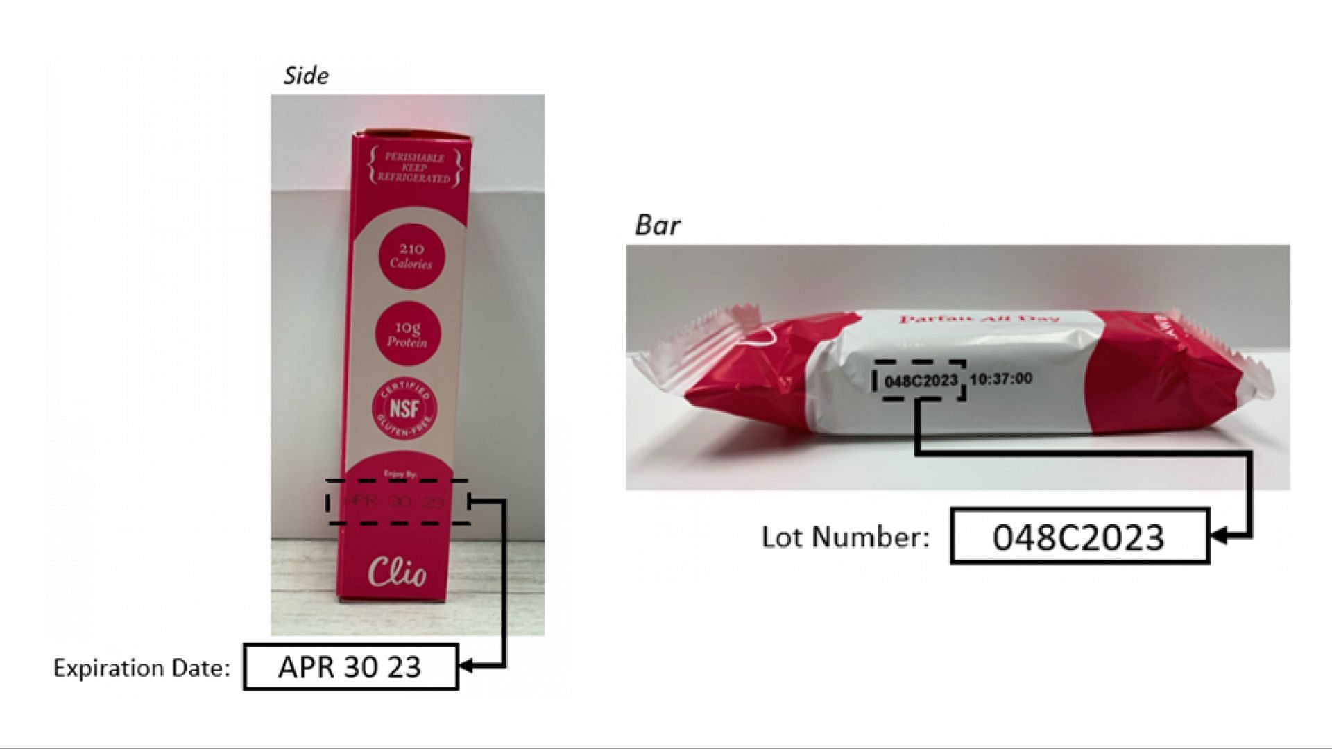 guidance on where to find the UPC, Lot Code, and other details on the recalled Clio Strawberry Granola &amp; Greek Yogurt Parfait Bar boxes (Image via FDA)