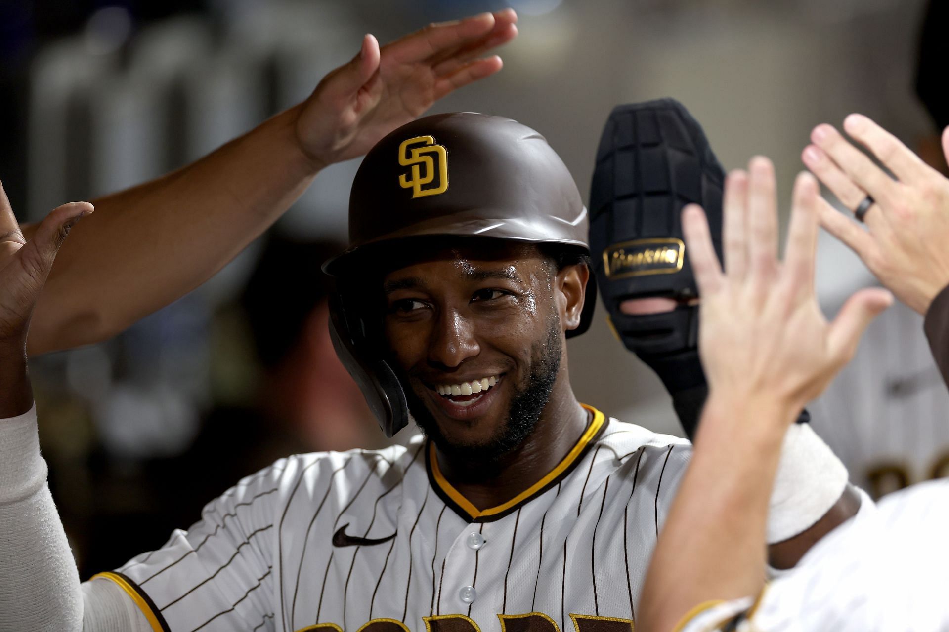 San Diego Padres Jurickson Profar, right, is congratulated by