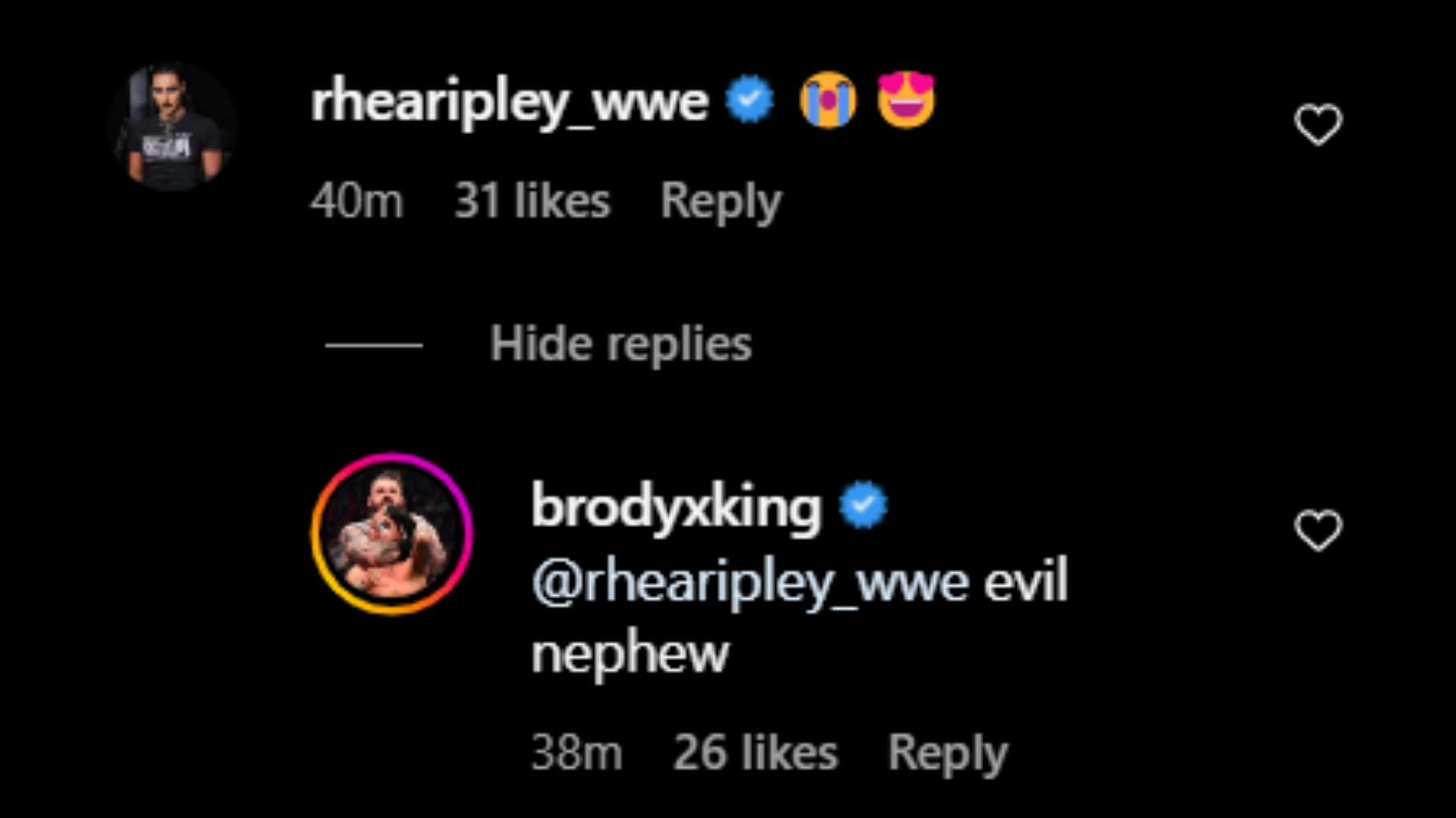 Rhea Ripley commented on Brody King&#039;s latest post.