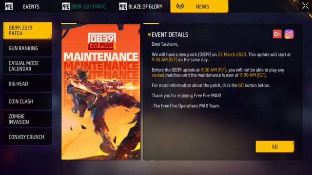 Free Fire Max Ob39 Update Maintenance Schedule Announced