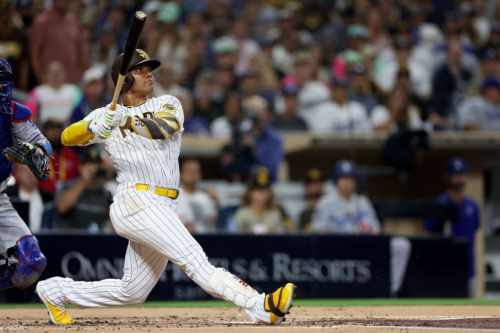 Juan Soto at bat during a game against the Los Angeles Dodgers at PETCO Park