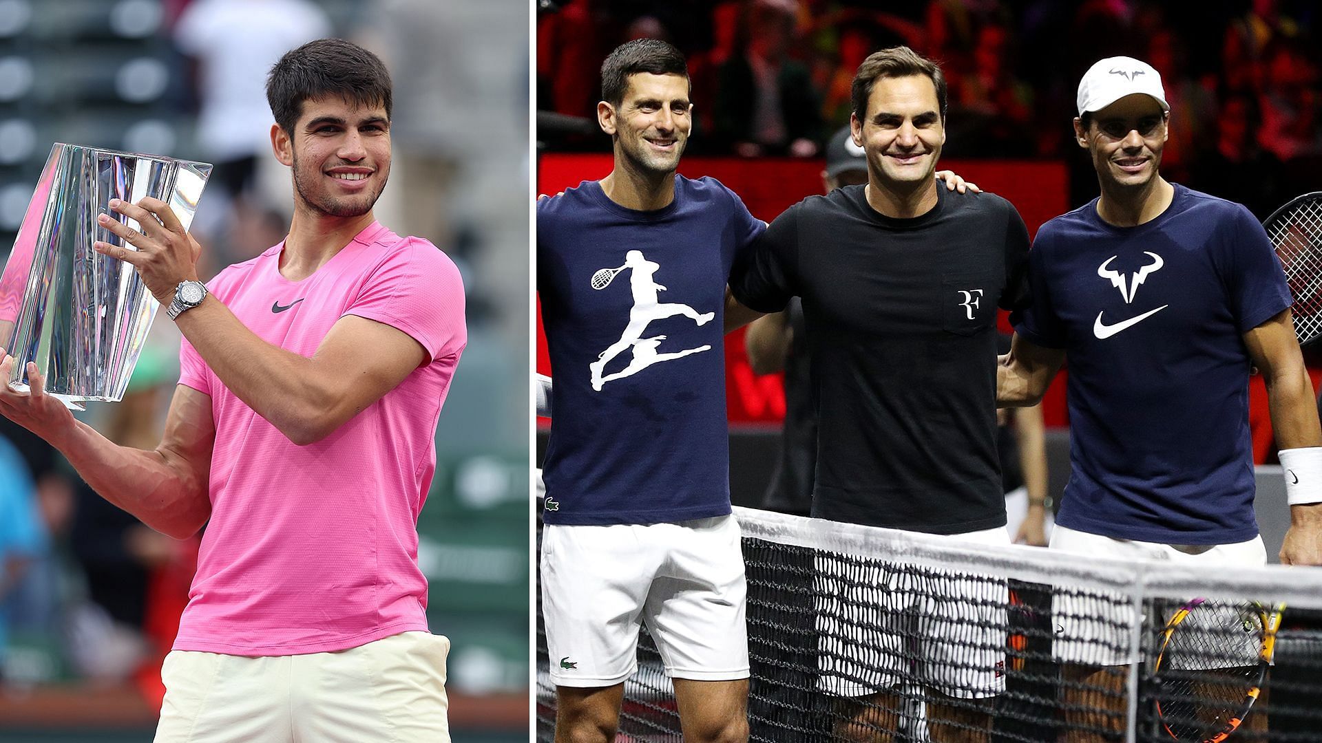 Carlos Alcaraz (L) and the Big-3 of Novak Djokovic, Roger Federer and Rafael Nadal.