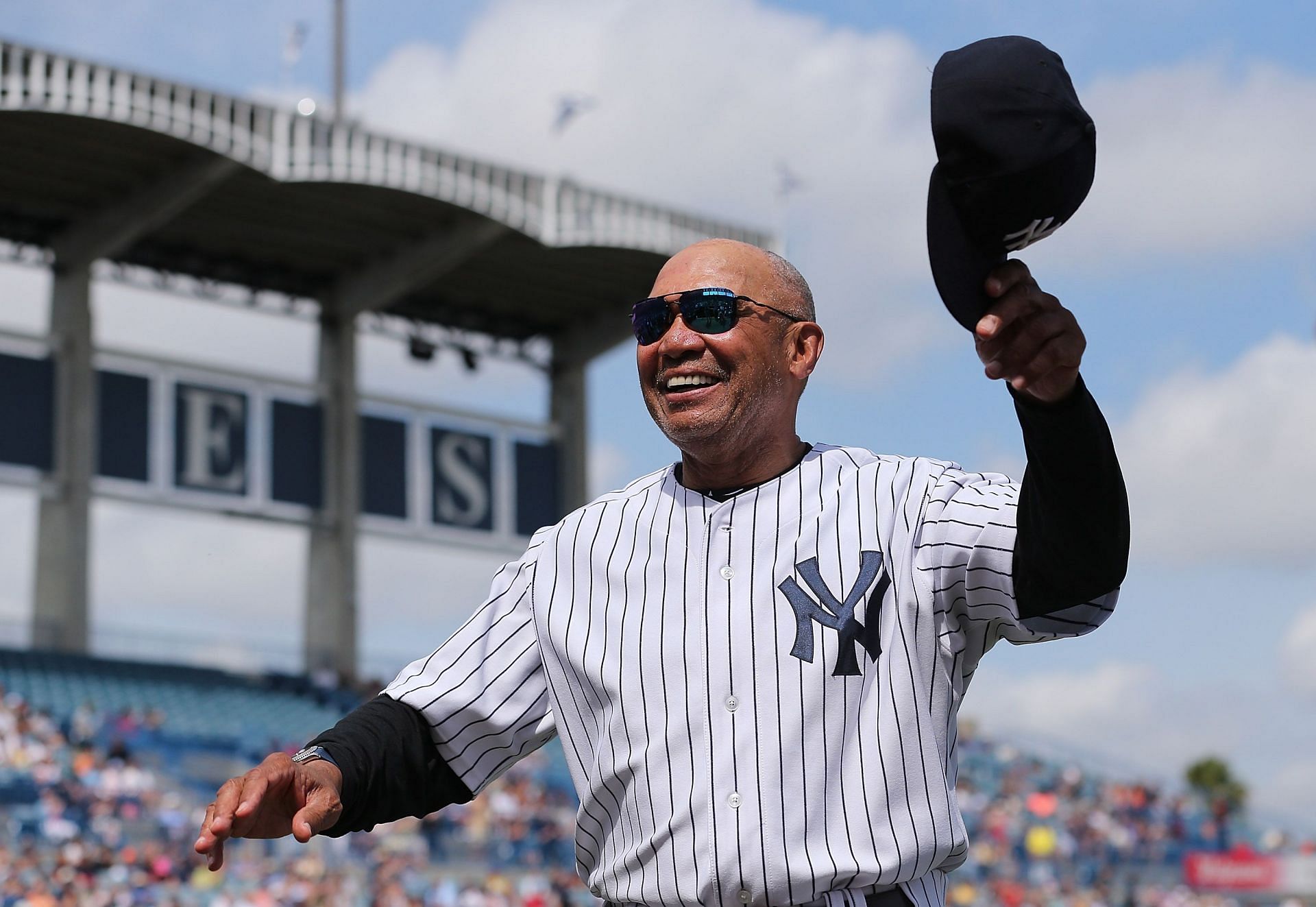 Detroit Tigers v New York Yankees: TAMPA FL- MARCH 2: Former New York Yankees HOF Reggie Jackson waves to the crowd prior to the start of the Spring Training Game against the Detroit Tigers on March 2, 2016, during the Spring Training Game at George Steinbrenner Field in Tampa, Florida. (Photo by Leon Halip/Getty Images)