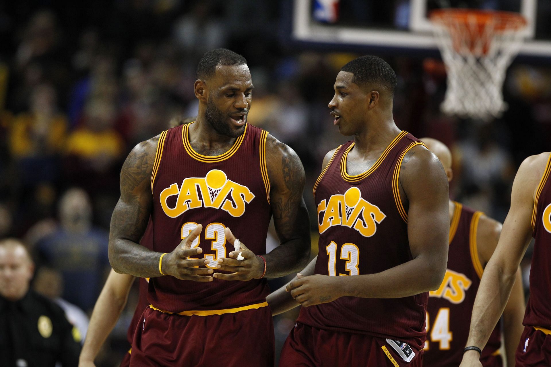 LeBron James, left, and Tristan Thompson as teammates with the Cleveland Cavaliers in 2015