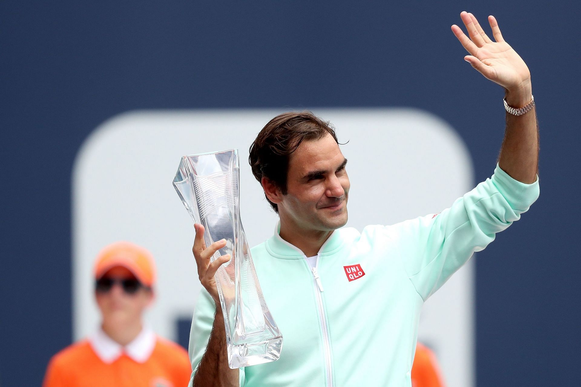 Roger Federer with the Miami Open trophy.