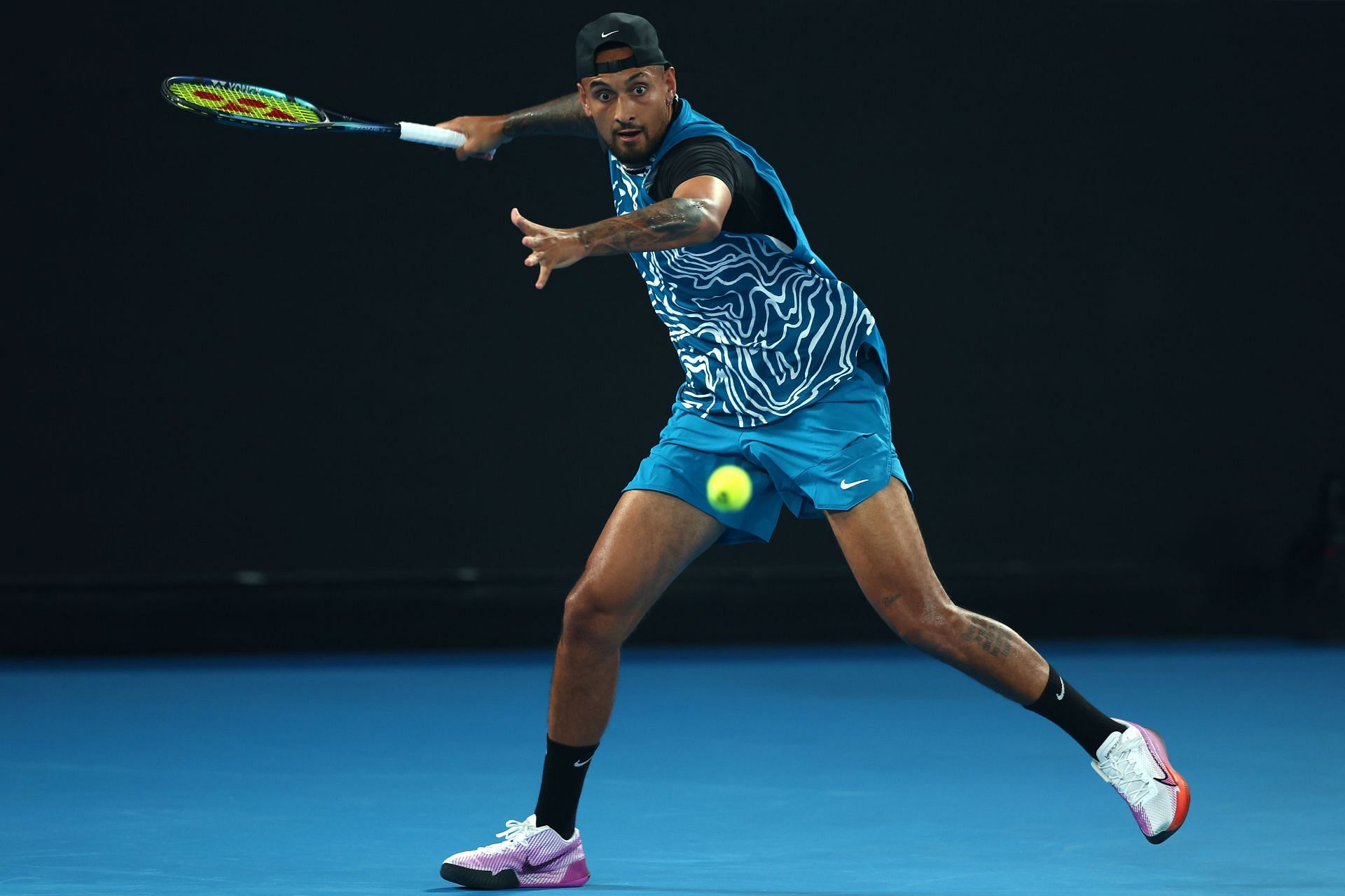 Nick Kyrgios competes in an exhibition event ahead of the 2023 Australian Open.