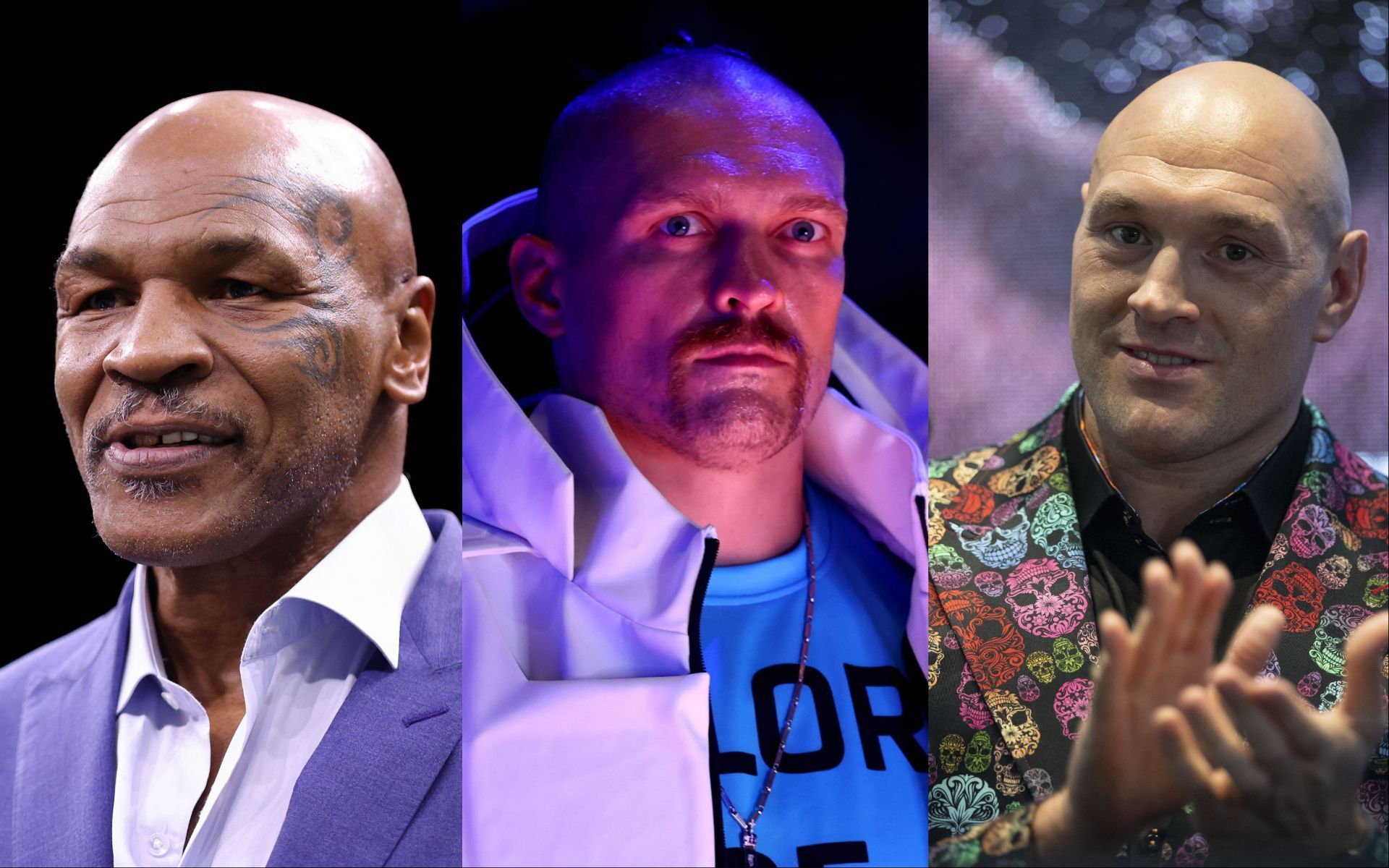 Mike Tyson (L), Oleksandr Usyk (M), and Tyson Fury (R).