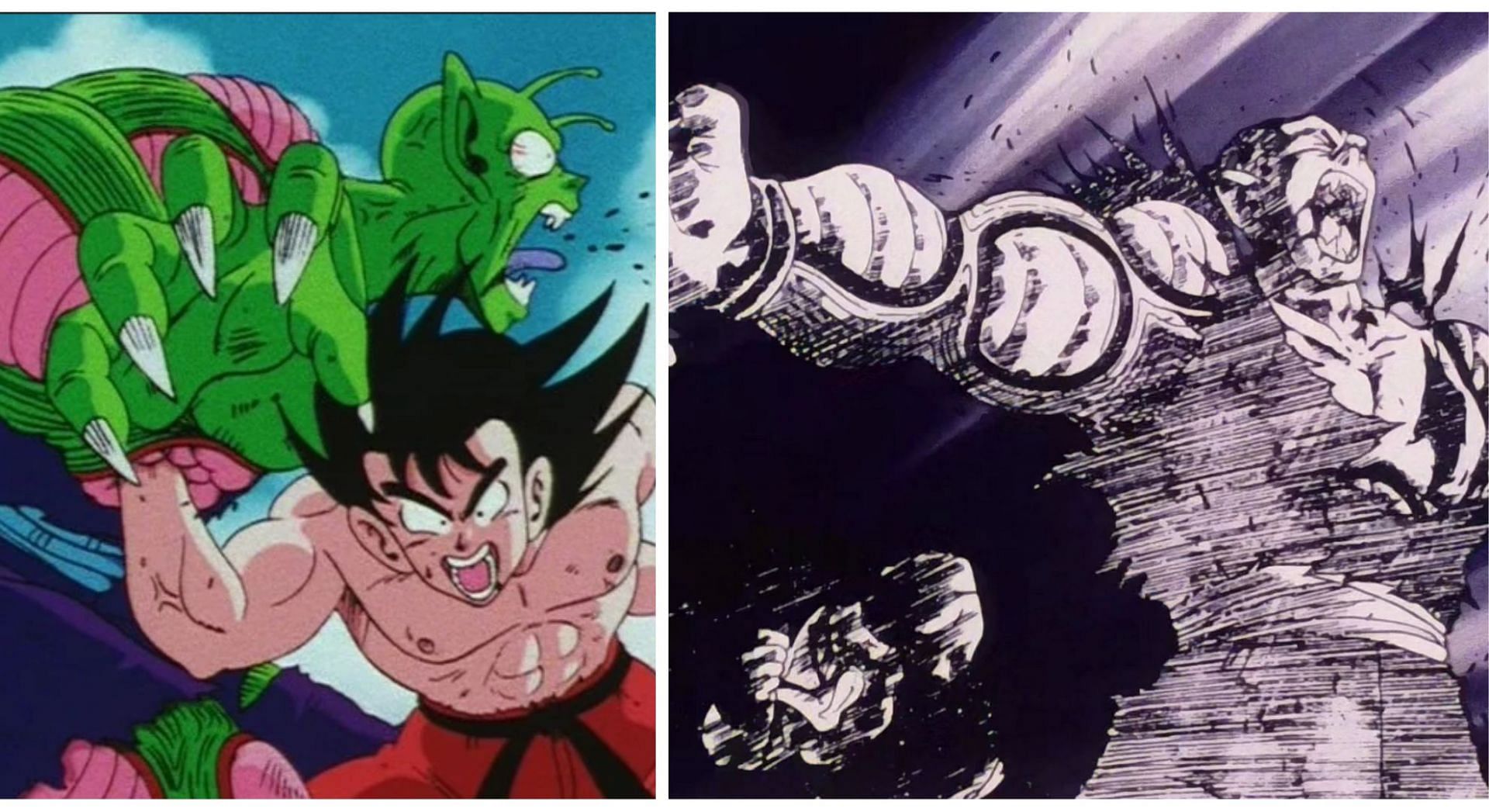 Piccolo fighting Goku vs Piccolo sacrificing himself for Gohan (Image via Sportskeda)