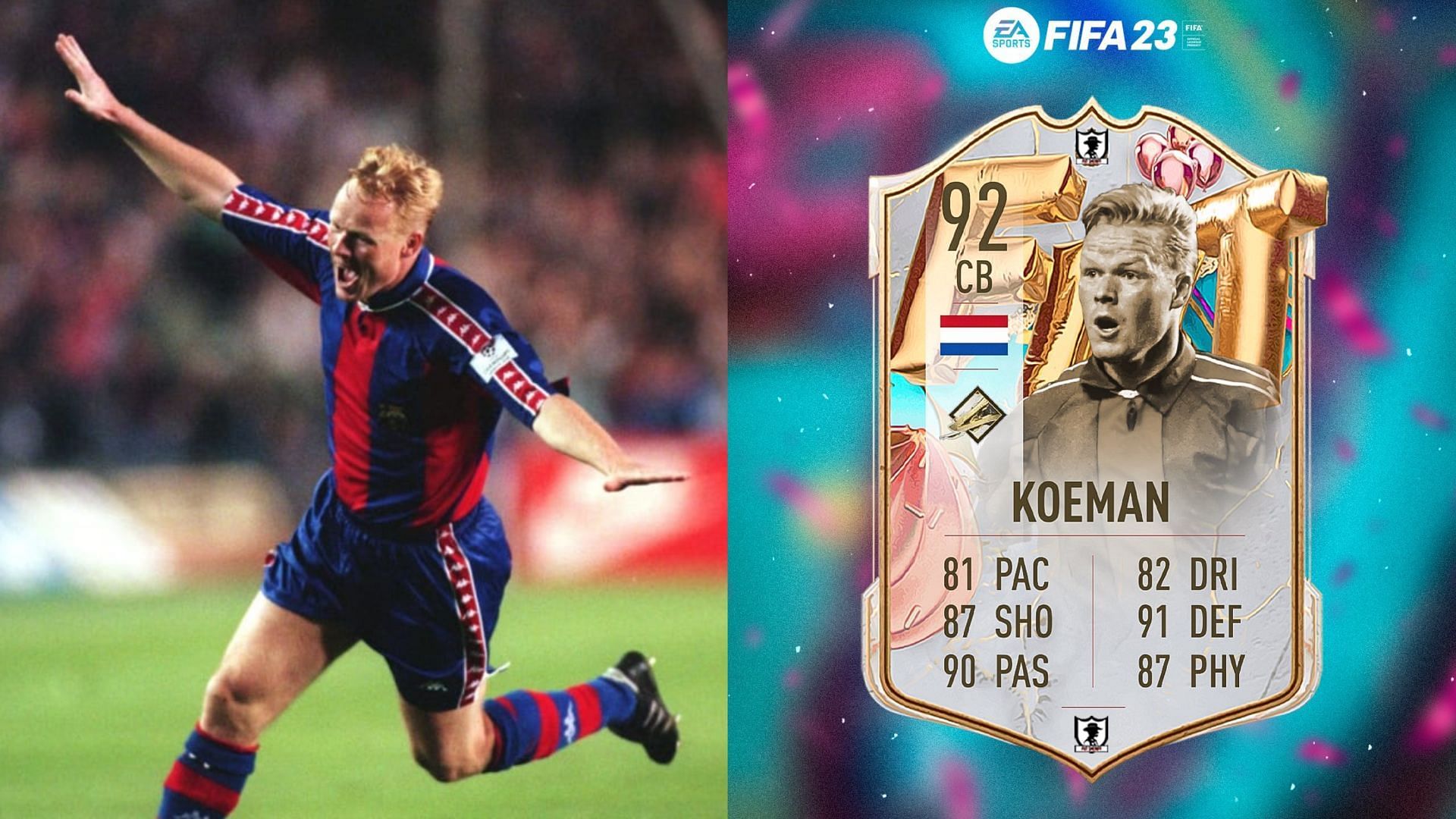 Ronald Koeman&rsquo;s FIFA 23 FUT Birthday Icon card will celebrate his legacy in Barcelona and Dutch colors (Images via Getty, Twitter/FUT Sheriff)