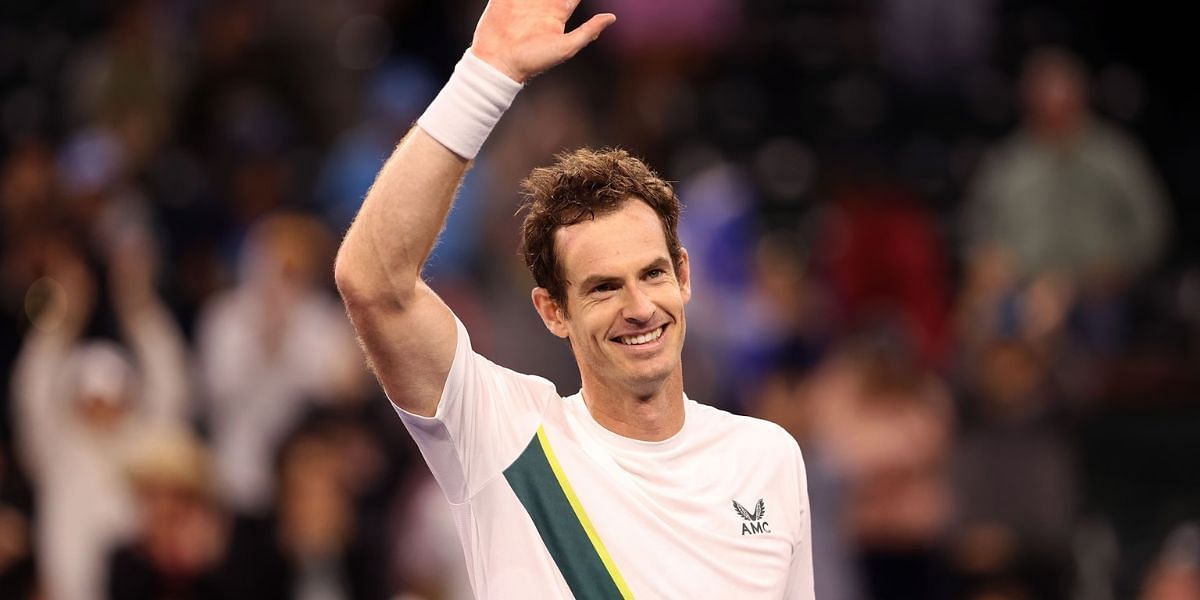 Andy Murray reacts to his second-round win at Indian Wells 2023.