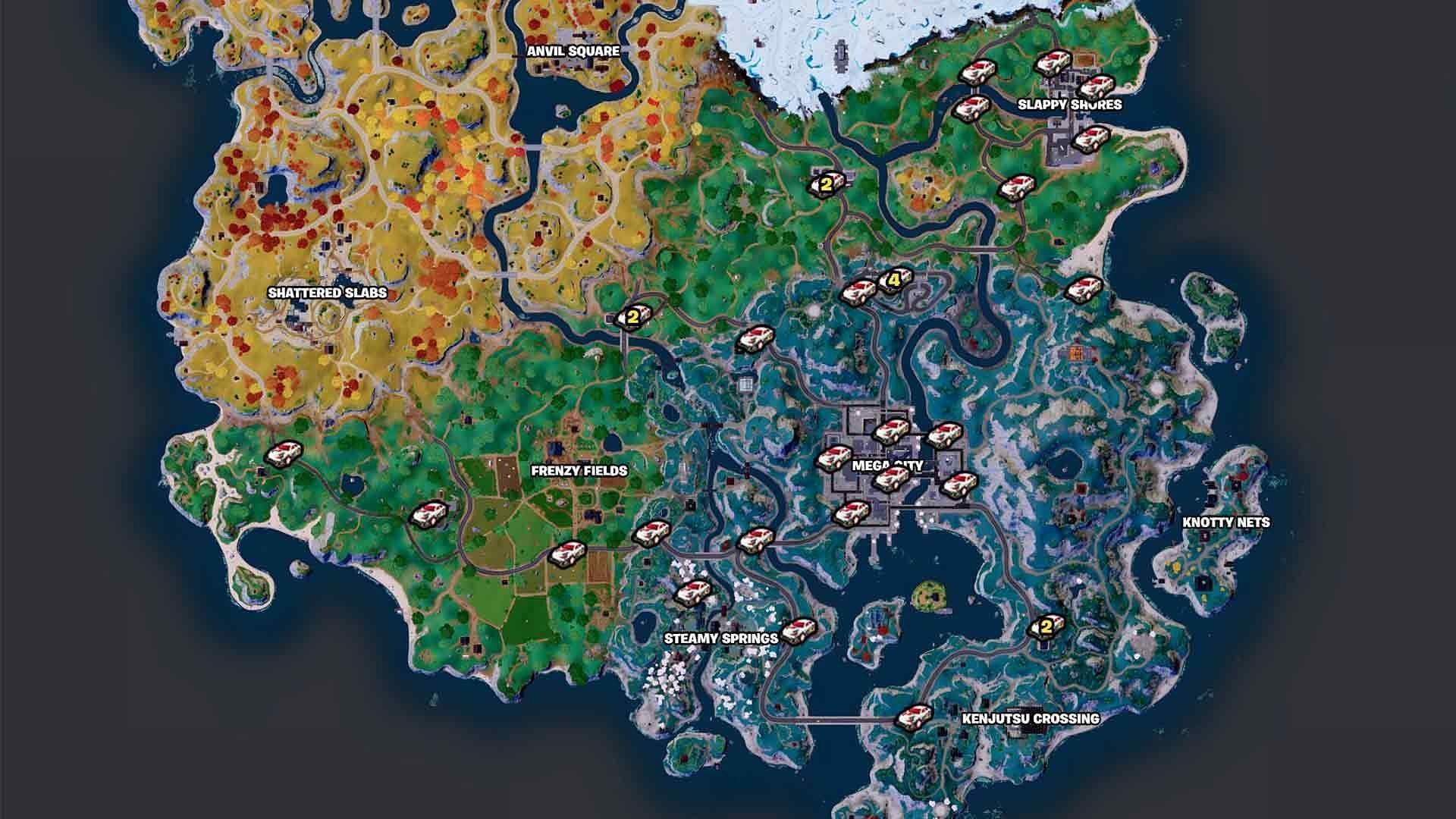 All spawn locations for the new Fortnite vehicle (Image via Epic Games)