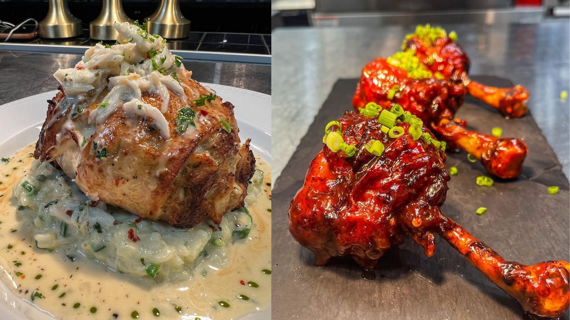 Crab stuffed Rock Fish & creamy Parmesan Risotto (l) and Jerk Mumbo Sauce Chicken Lollipop (r). Credit: @tobiasdorzon (IG)