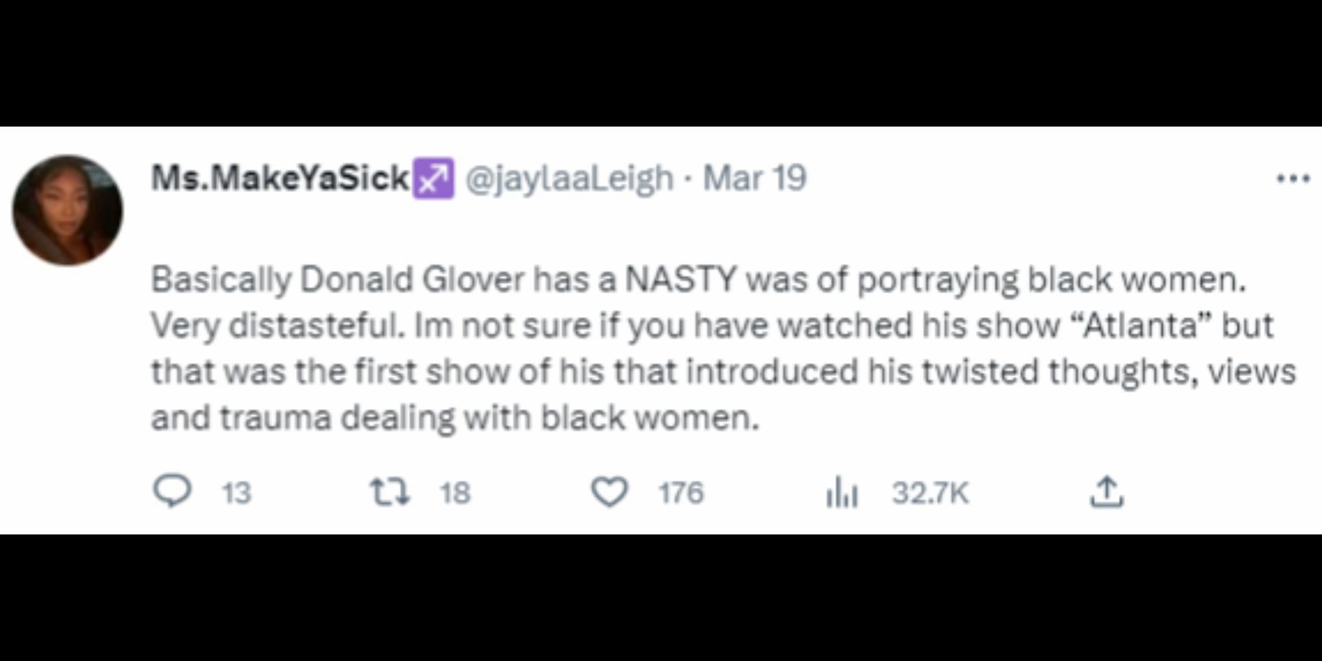 People react to Glover&#039;s hatred towards Black women (Image via Twitter/@jaylaaLeigh)