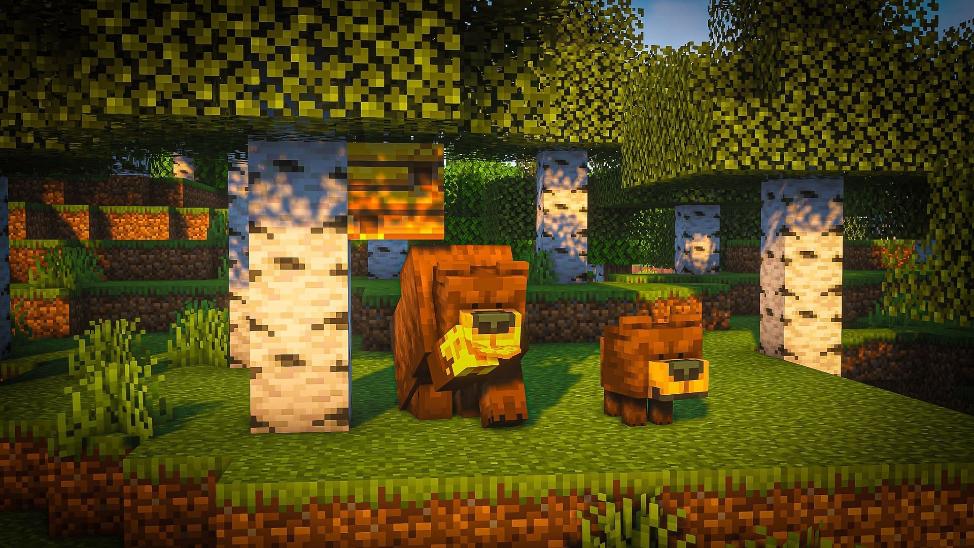 Grizzly bears roam a forest in the Naturalist mod for Minecraft (Image via Starfish_Studios/CurseForge)