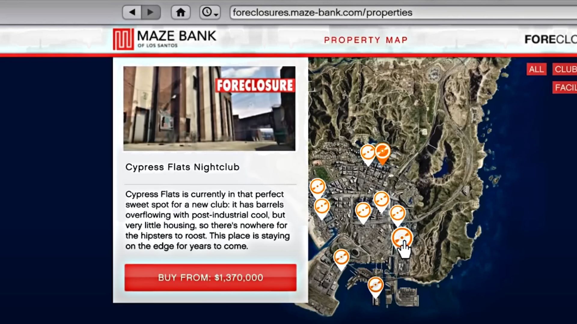 GTA Online Maze Bank Foreclosures website (Image via YouTube @TGG)