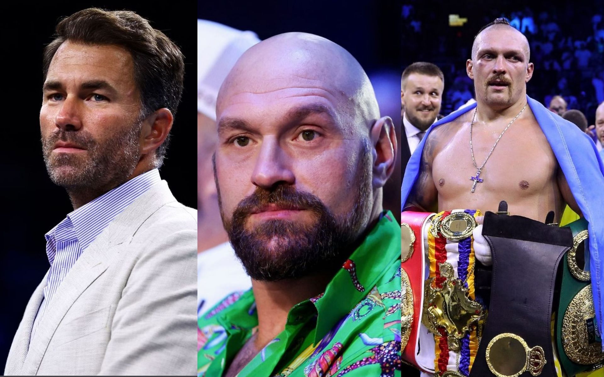 (Ledt) Eddie Hearn, Tyson Fury (Centre) and Oleksandr Usyk (Right) (Image Credits; Getty Images)