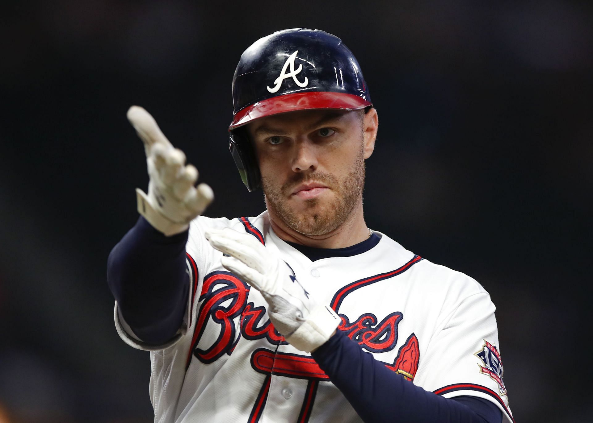 New York Mets v Atlanta Braves: ATLANTA, GA - JUNE 30: Freddie Freeman #5 of the Atlanta Braves reacts after hitting an RBI single in the fourth inning of an MLB game against the New York Mets at Truist Park on June 30, 2021, in Atlanta, Georgia. (Photo by Todd Kirkland/Getty Images)