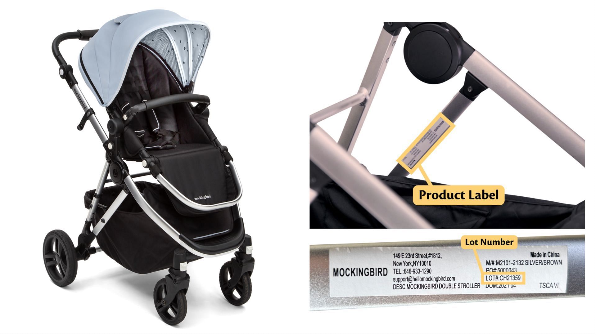 Guidance on how to find the Lot Codes and other details on the recalled Single Strollers (Image via CPSC)