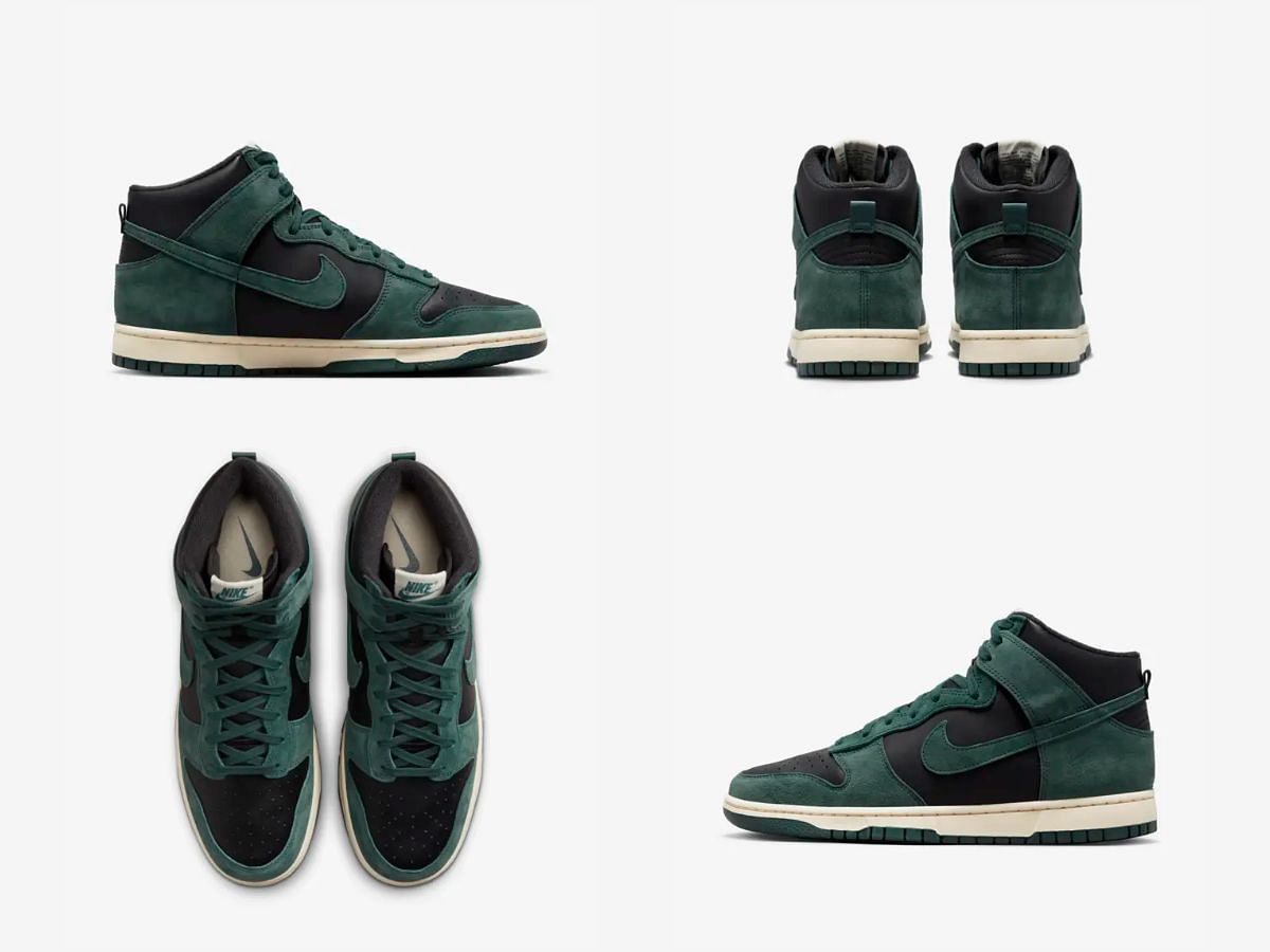 The upcoming Nike Dunk High &quot;Faded Spruce&quot; sneakers come clad in green, white and black hues (Image via Sportskeeda)
