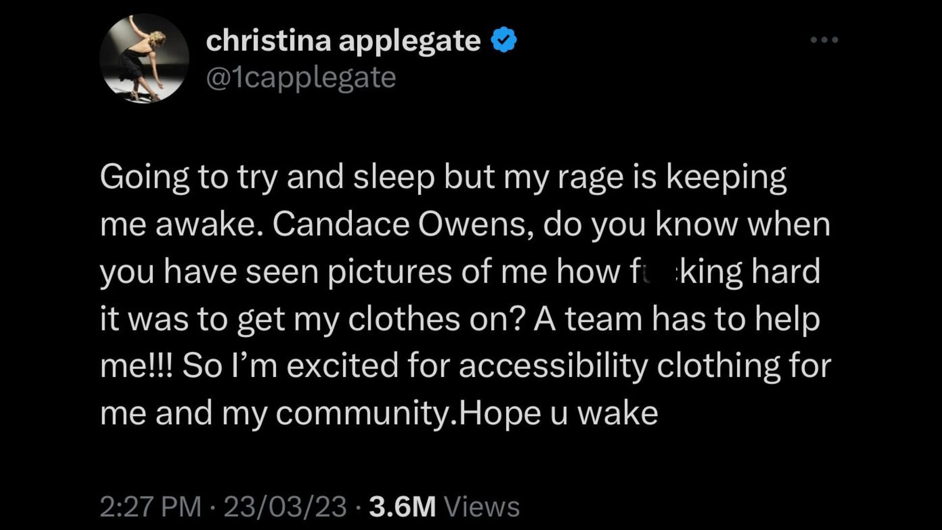 Screenshot of Christina Applegate&#039;s tweet slamming Candace Owens.