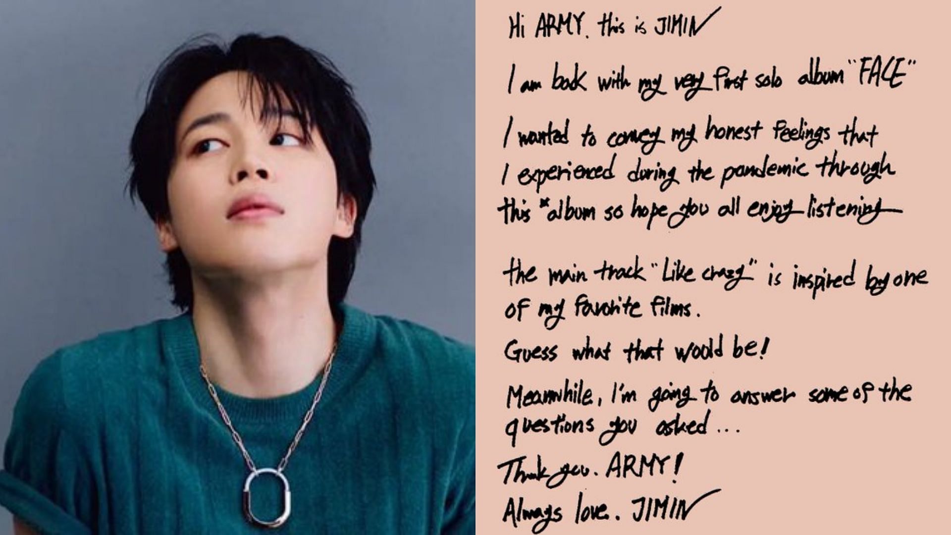 BTS' Jimin leaves a cryptic hint in a letter dedicated to fans ahead of the  release of his solo debut album FACE