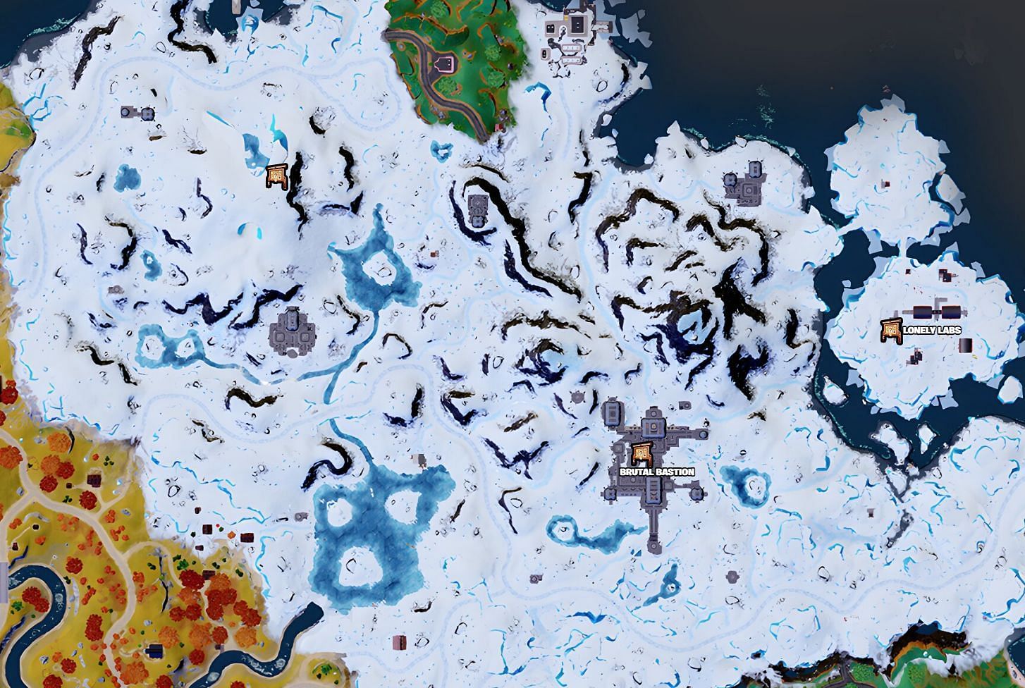 All Bounty Boards locations in the snow biome of Fortnite Chapter 4 Season 2 island (Image via Fortnite.GG)