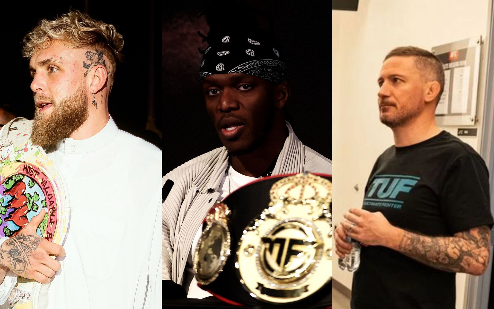 Jake Paul [Left] KSI [Center] John Kavanagh [Right] [Images courtesy: @jakepaul and @KSI (Twitter) and coach_kavanagh (Instagram)]