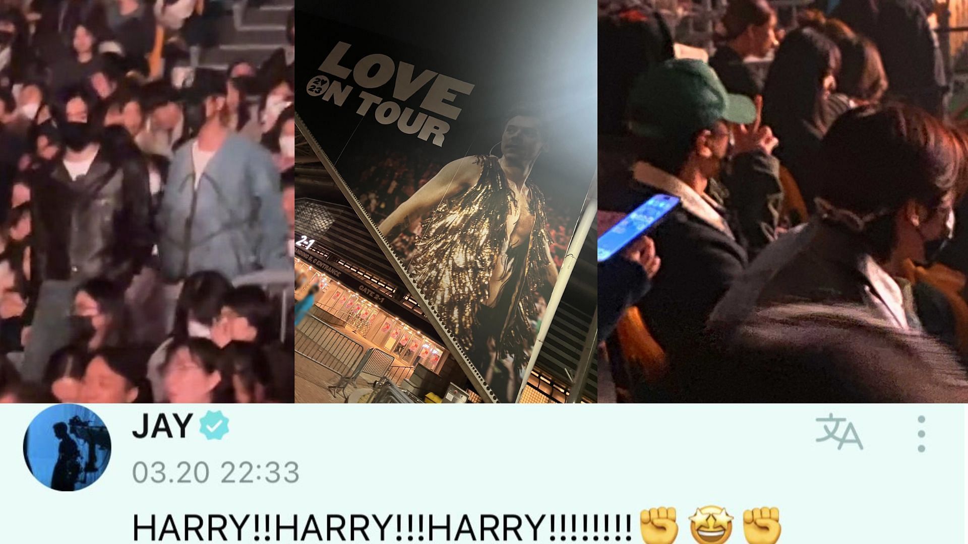 Members of fourth-gen K-pop idol group ENHYPEN, Jay, Jake, Sunghoon, and NI-KI were spotted by fans at the Seoul concert of Harry Styles. Jay is known to be a huge fan of the As It Was singer, and expressed his enthusiasm for his concert on Weverse. (Images via Twitter/ @Sunoo_Mylenxx, @hooniebaekgu, and @selvia_meyra1D )